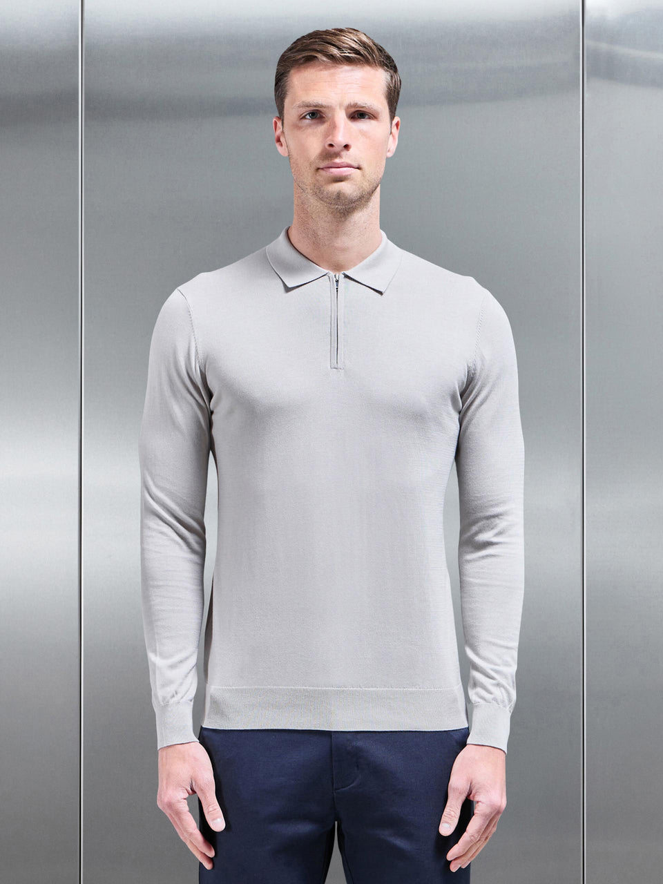 Cotton and Silk Long Sleeve Zip Polo Shirt in Stone