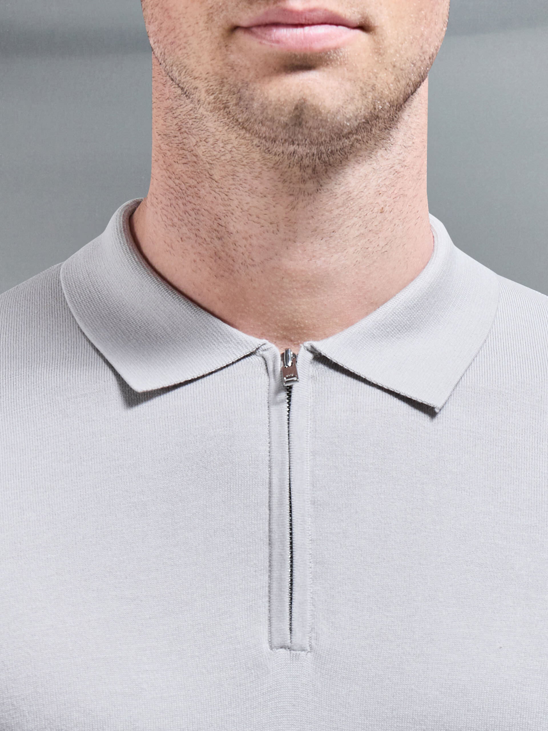 Cotton and Silk Long Sleeve Zip Polo Shirt in Stone