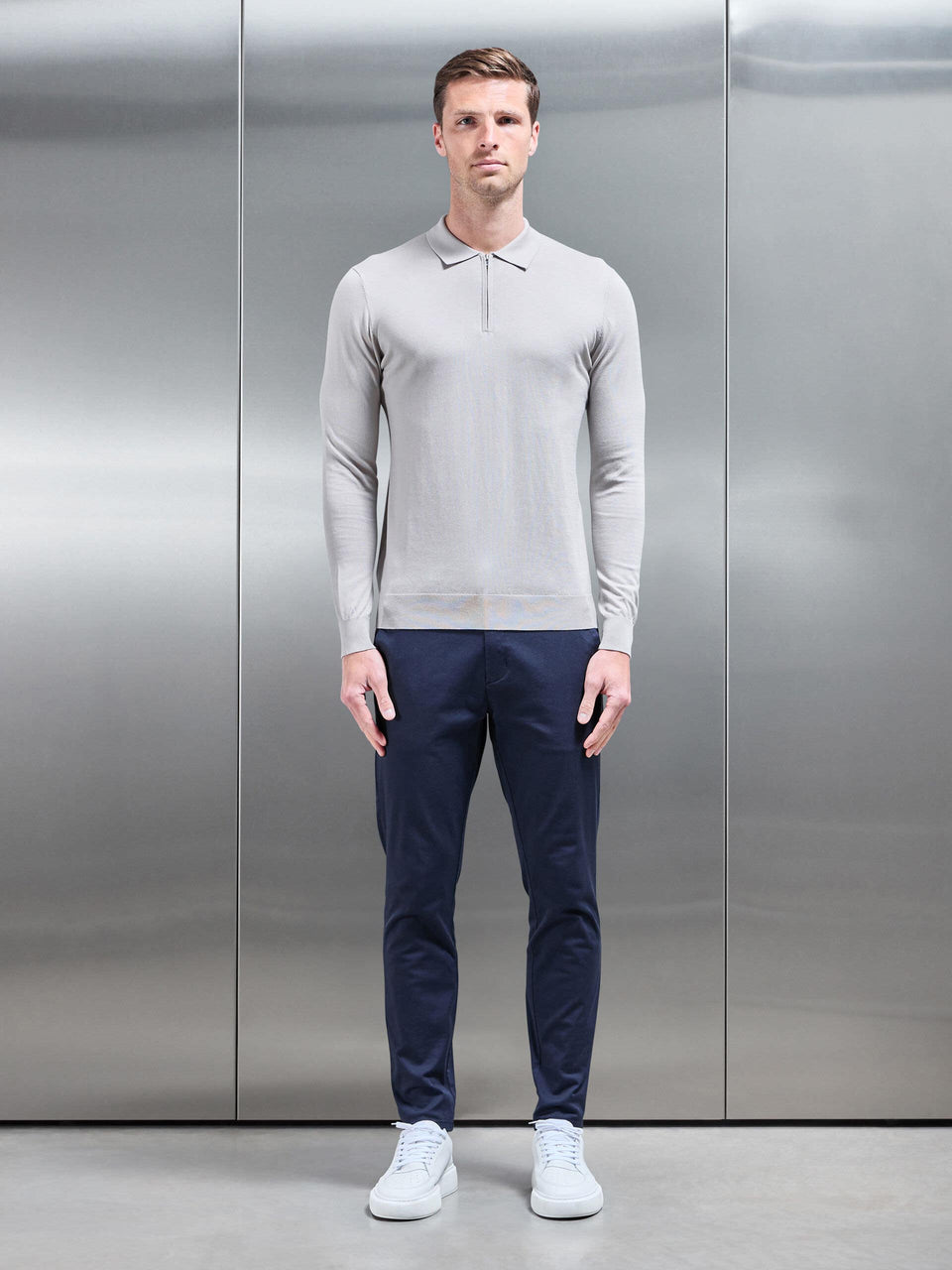 Cotton and Silk Long Sleeve Zip Polo Shirt in Stone
