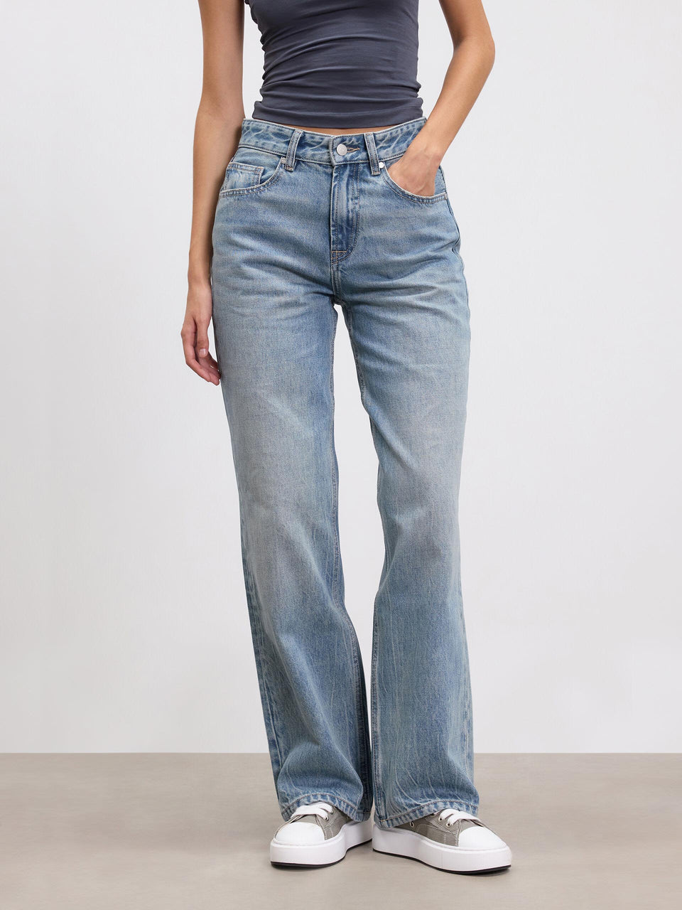 Womens Mid Rise Straight Denim Jean in Mid Blue