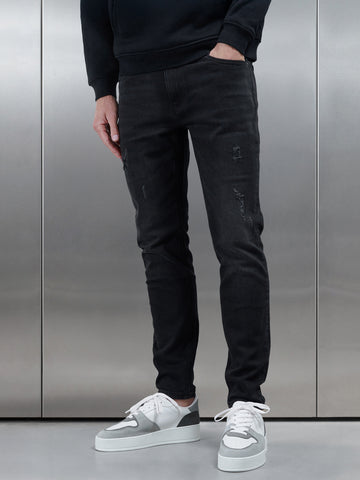 Distressed Denim Jeans in Black Wash