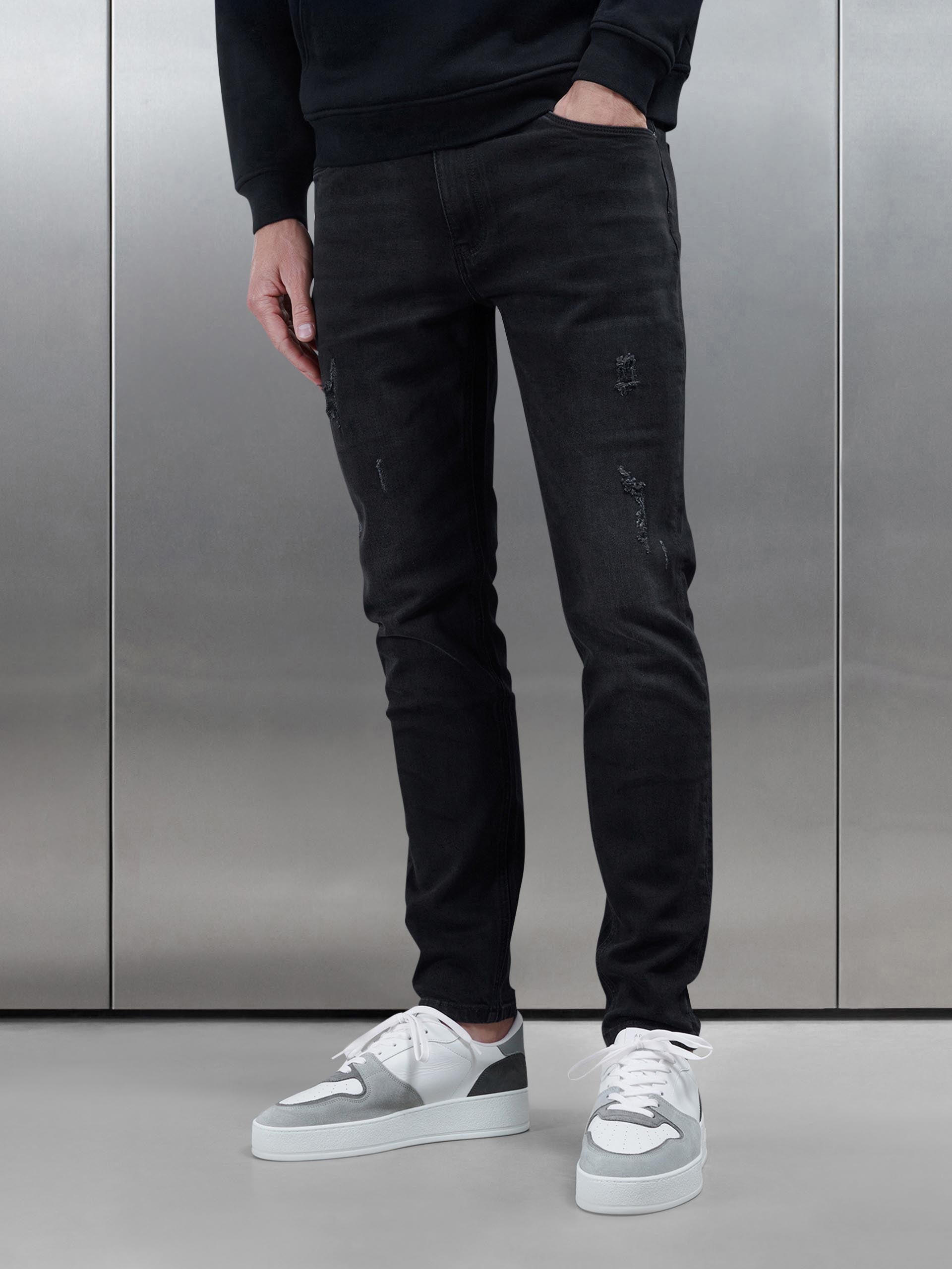 Distressed Denim Jeans in Black Wash