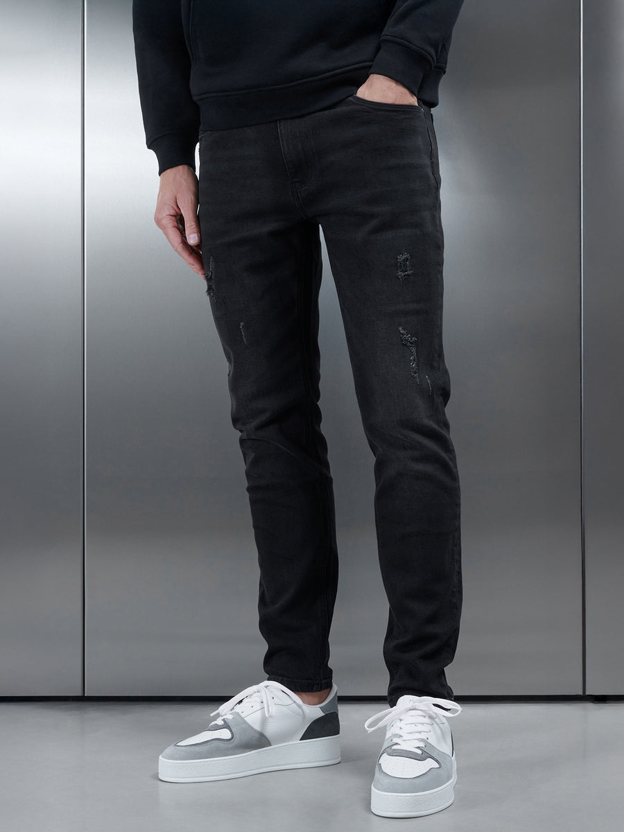 Distressed Denim Jeans in Black Wash