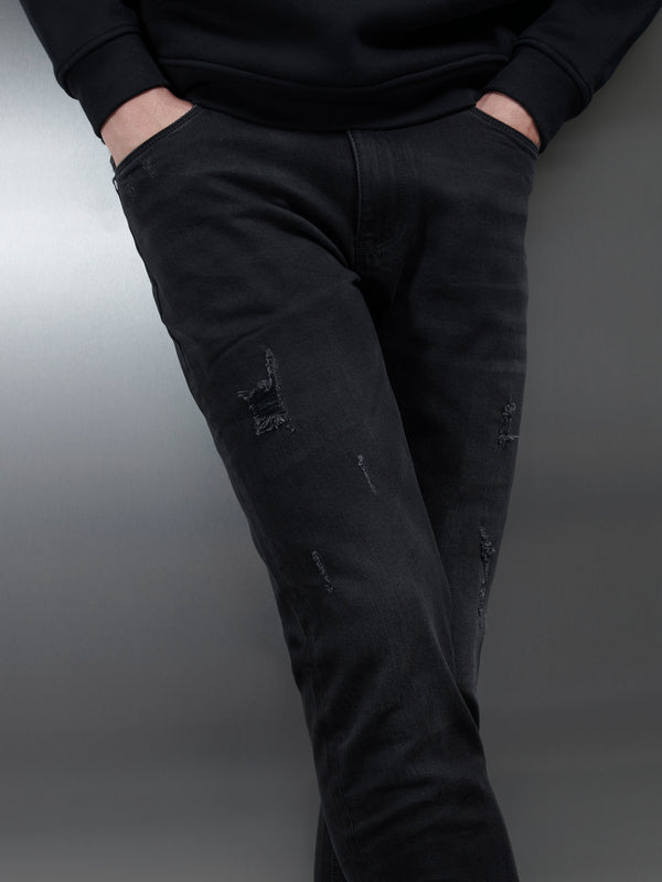 Distressed Denim Jeans in Black Wash