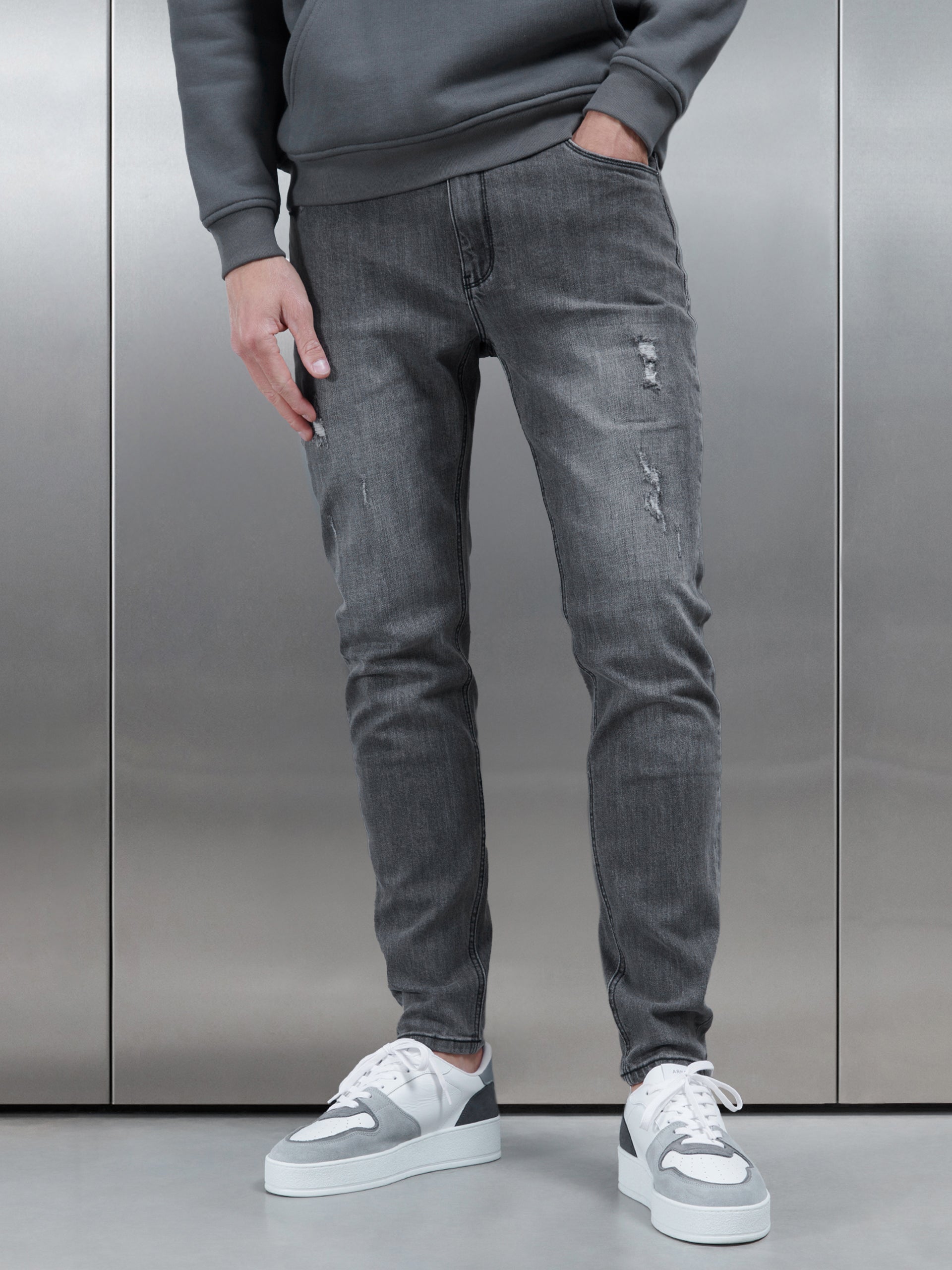 Distressed Denim Jeans in Grey Wash