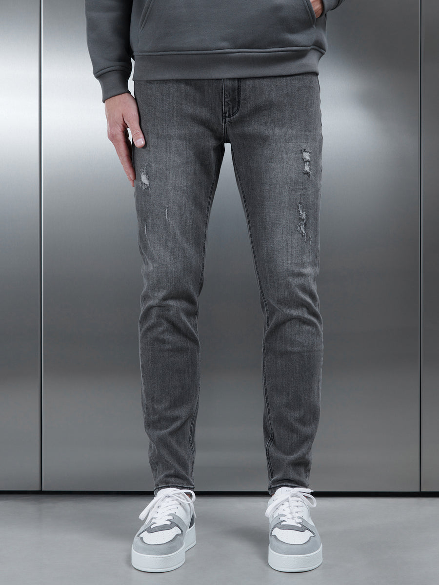 Distressed Denim Jeans in Grey Wash