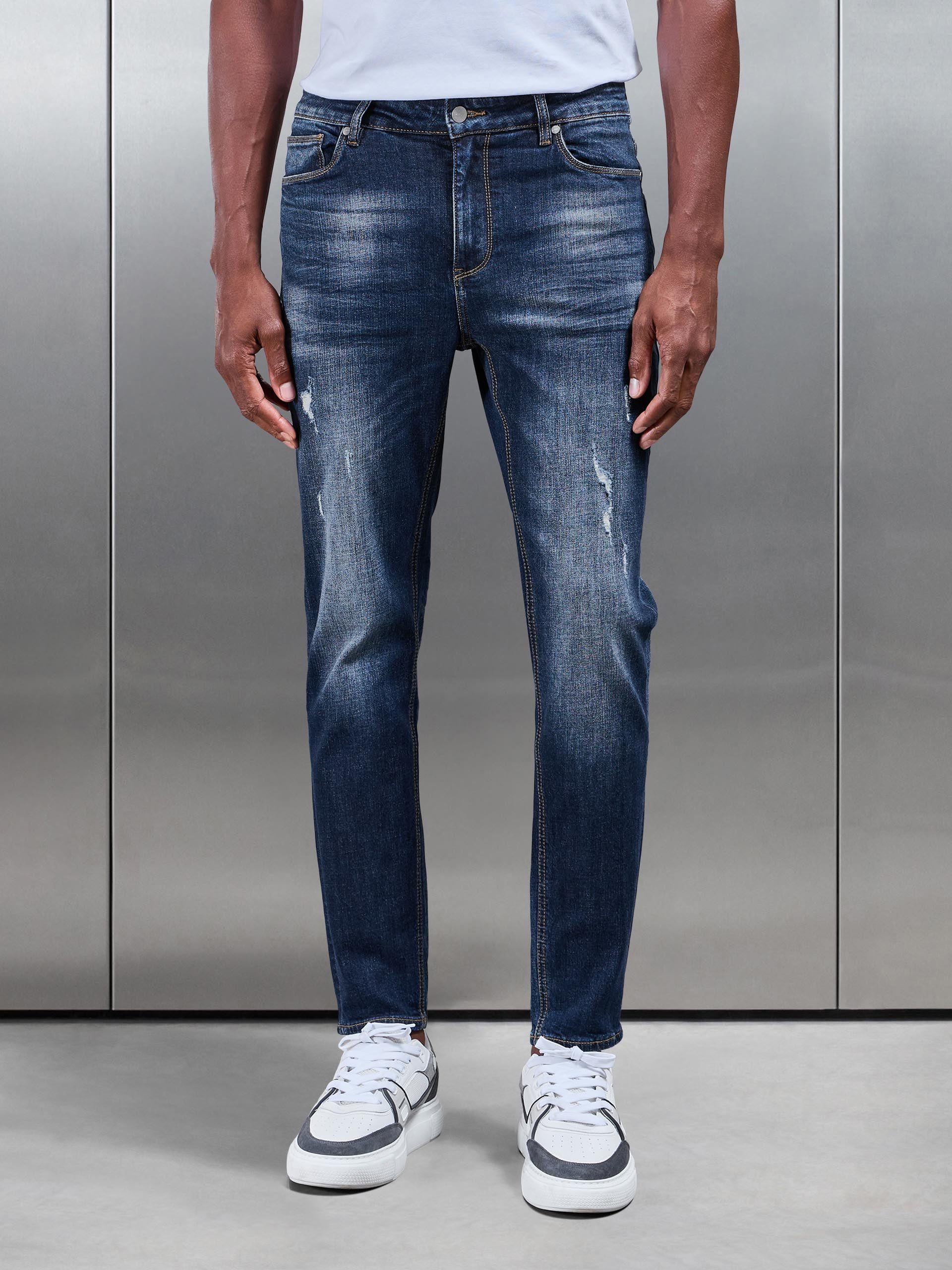 Distressed Denim Jeans in Dark Wash