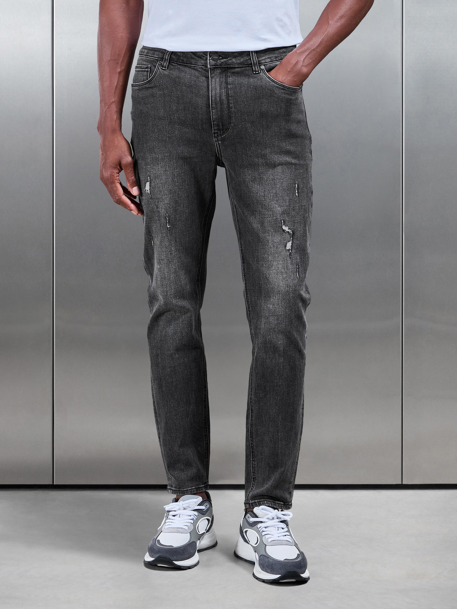 Distressed Denim Jeans in Grey Wash