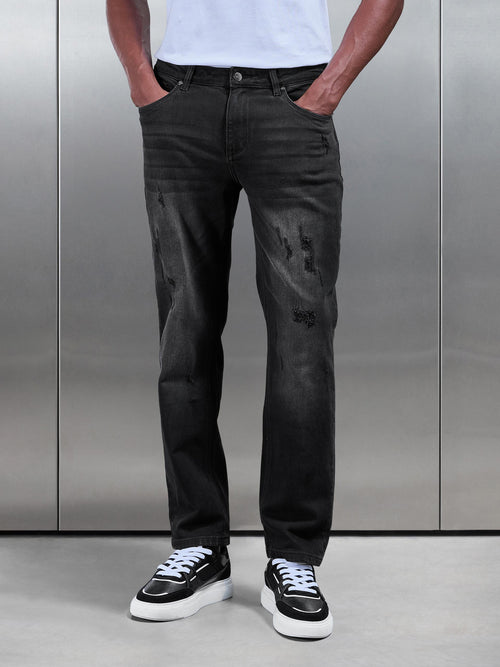 Distressed Straight Leg Denim Jeans in Black Wash