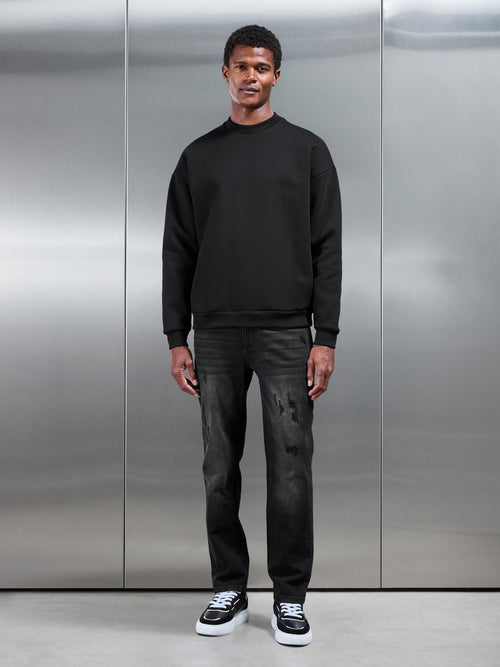 Distressed Straight Leg Denim Jeans in Black Wash