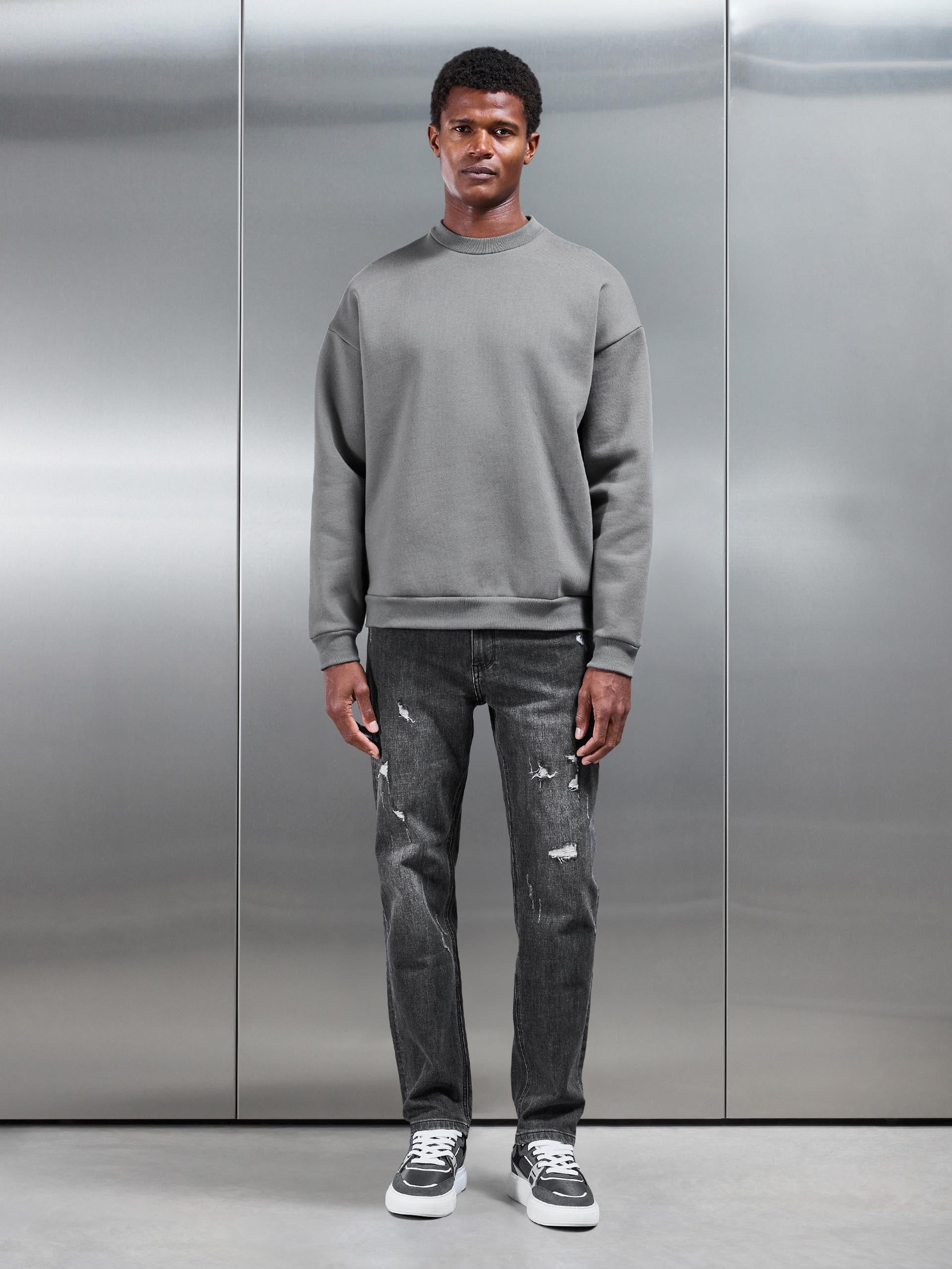 Distressed Straight Leg Denim Jeans in Grey Wash