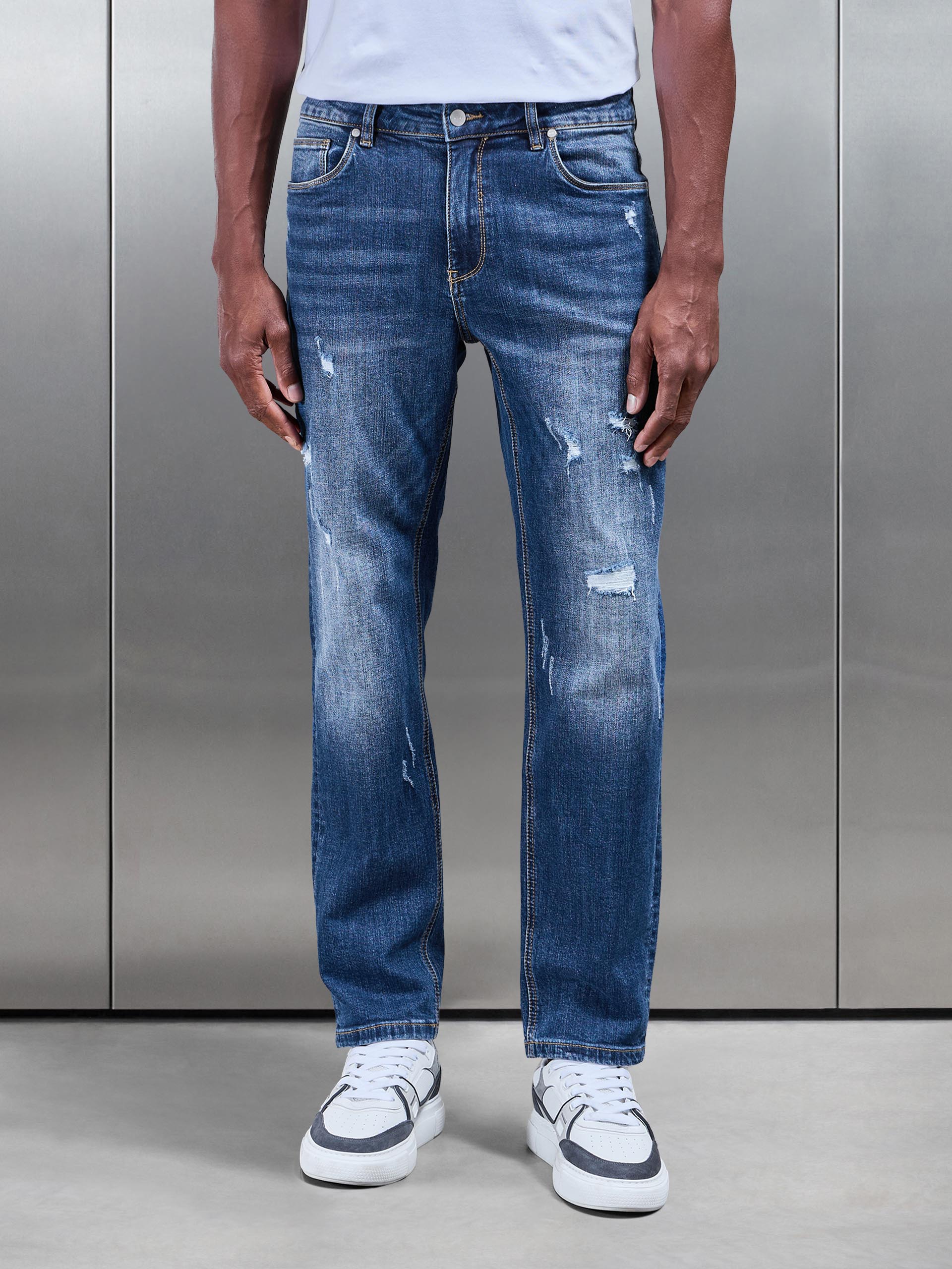 Distressed Straight Leg Denim Jeans in Mid Blue