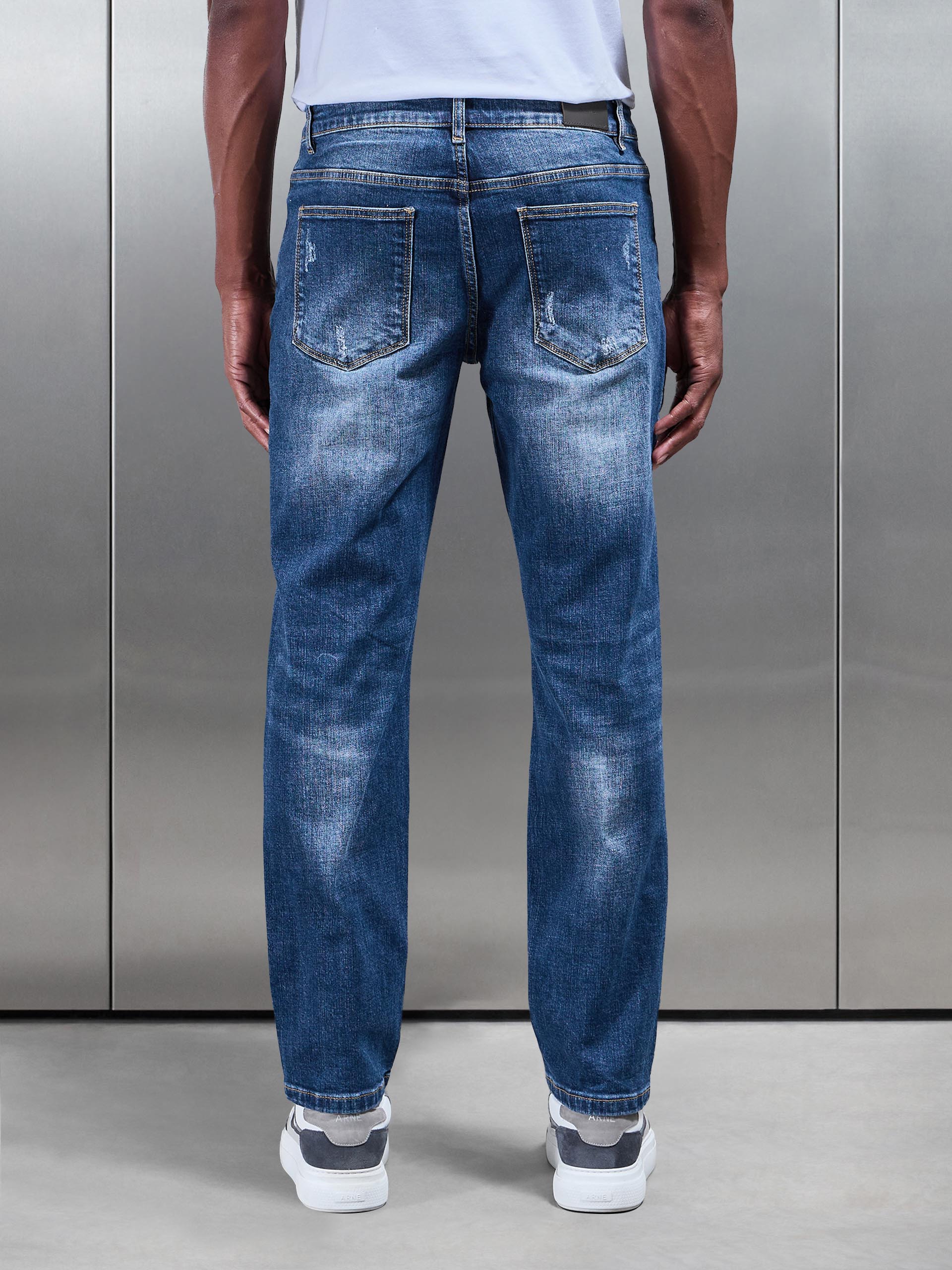 Distressed Straight Leg Denim Jeans in Mid Blue