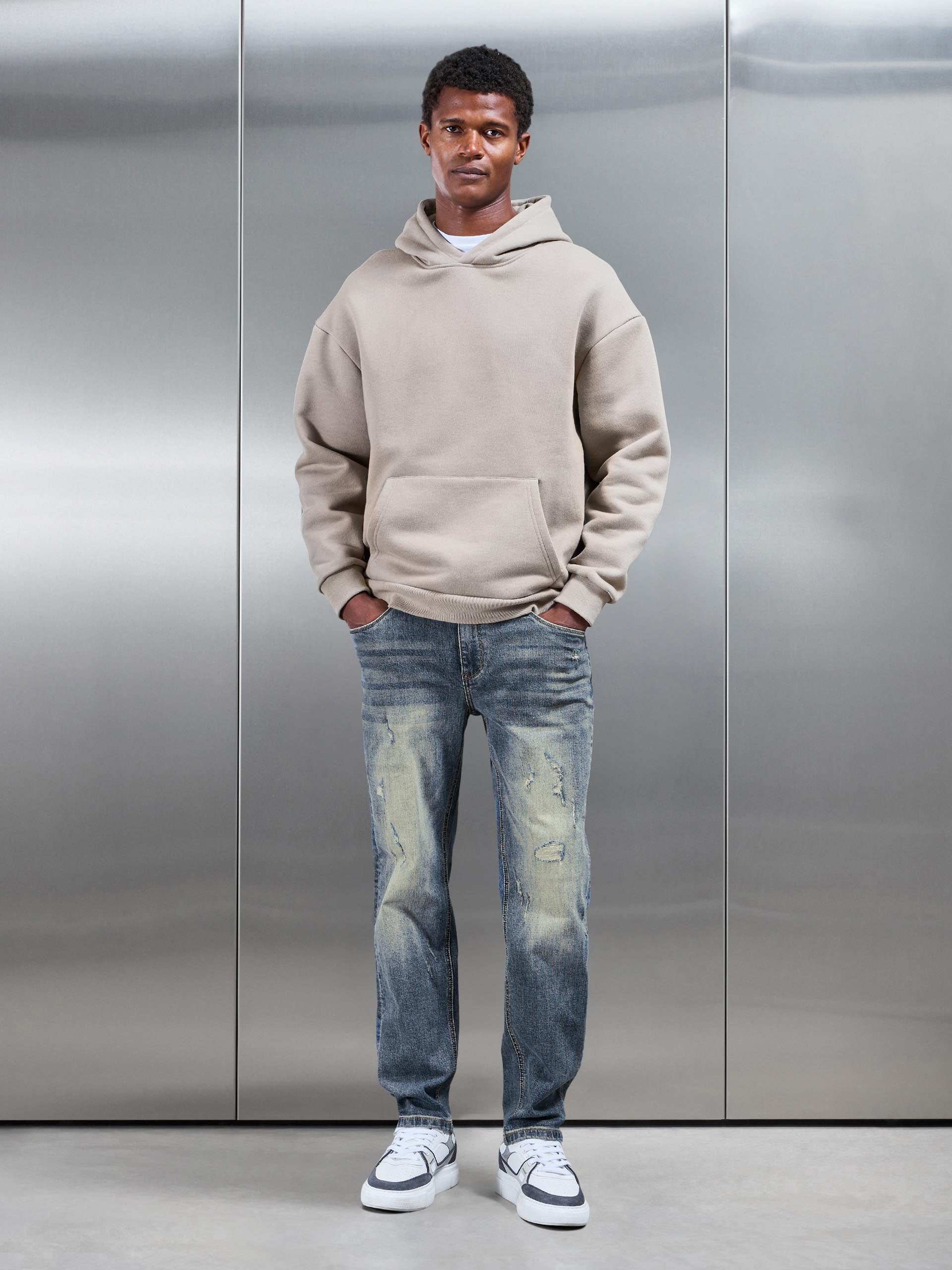 Distressed Straight Leg Denim Jeans in Sand Wash