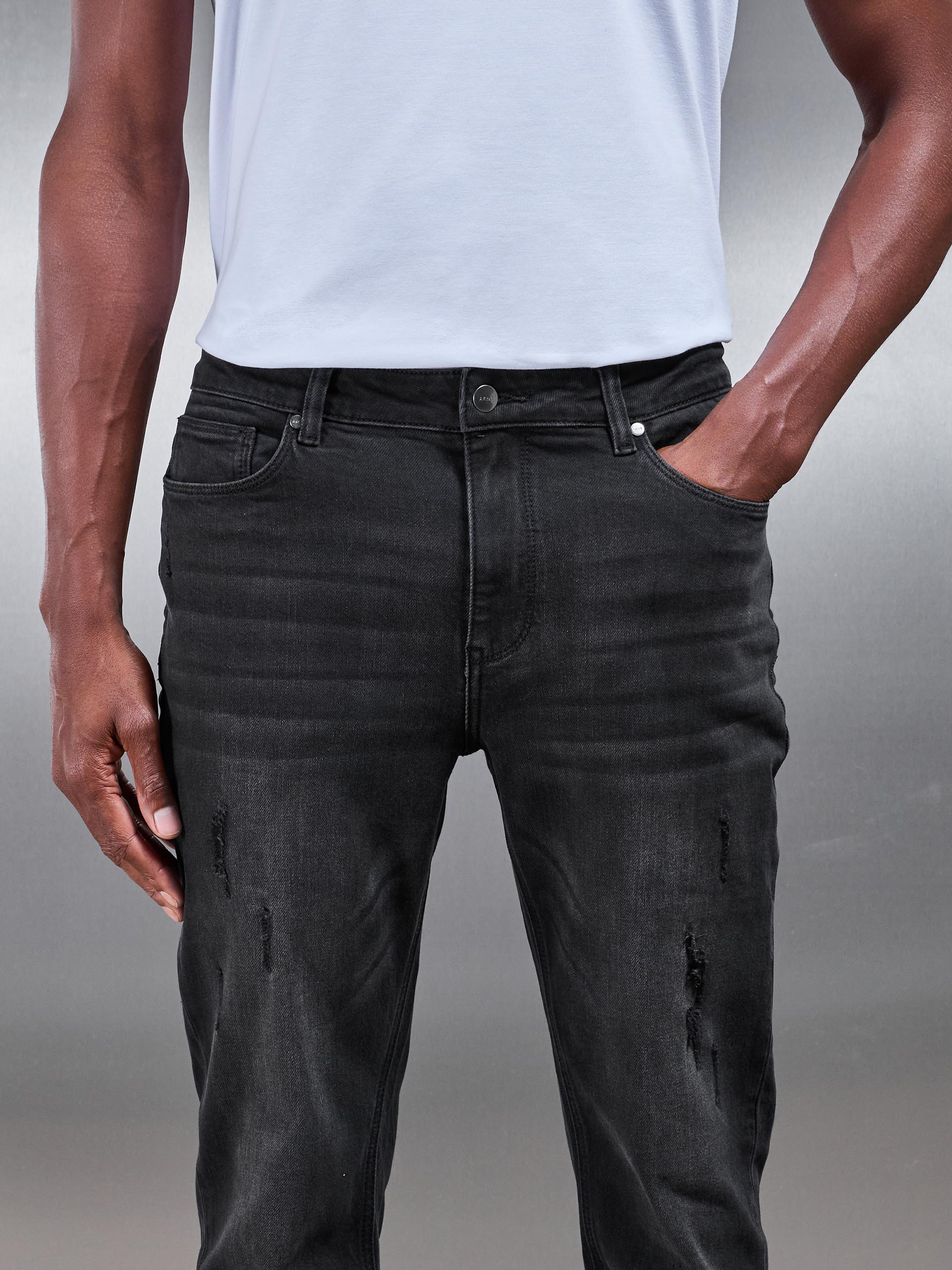 Distressed Straight Leg Denim Jeans in Black Wash