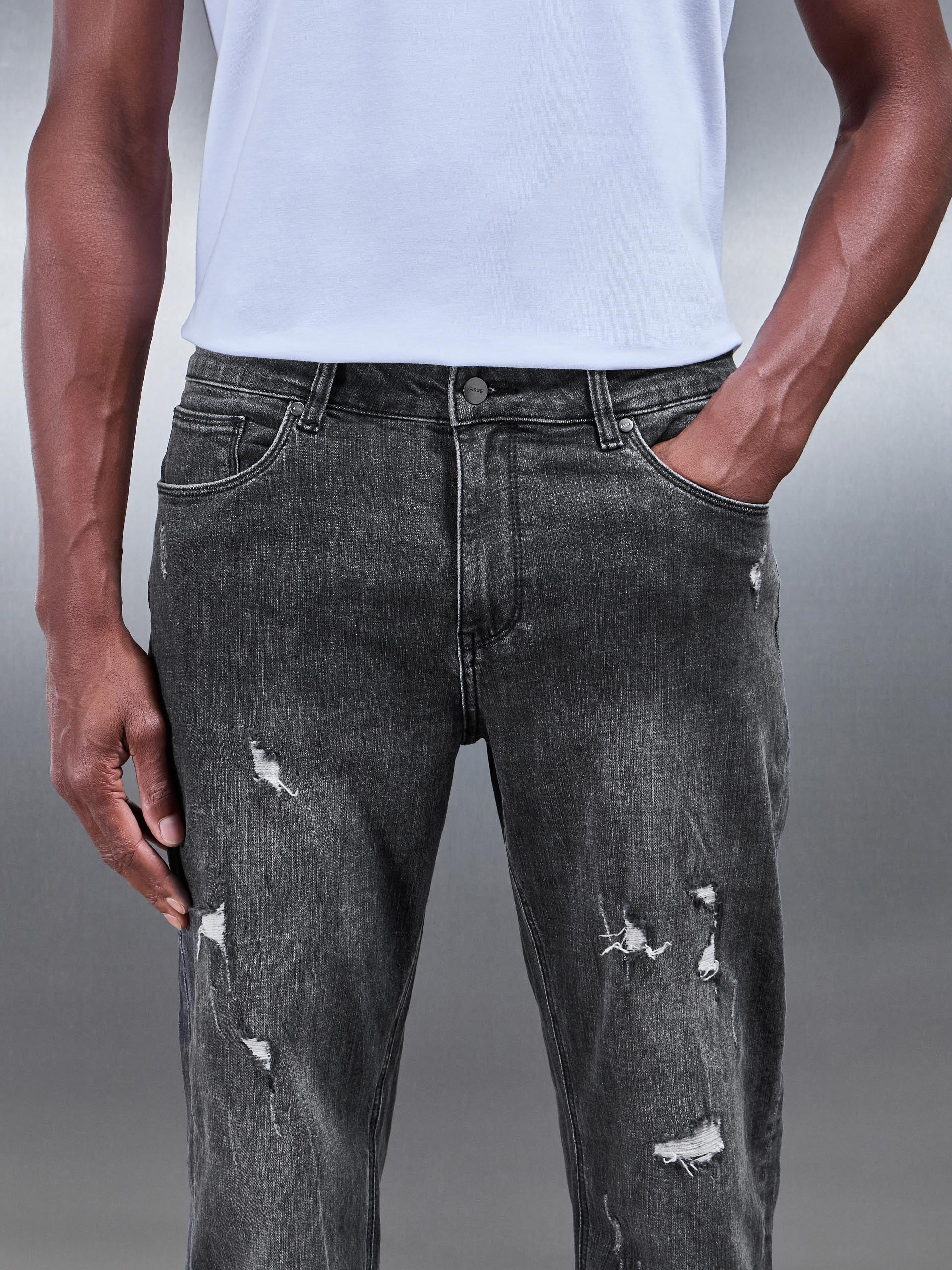 Distressed Straight Leg Denim Jeans in Grey Wash