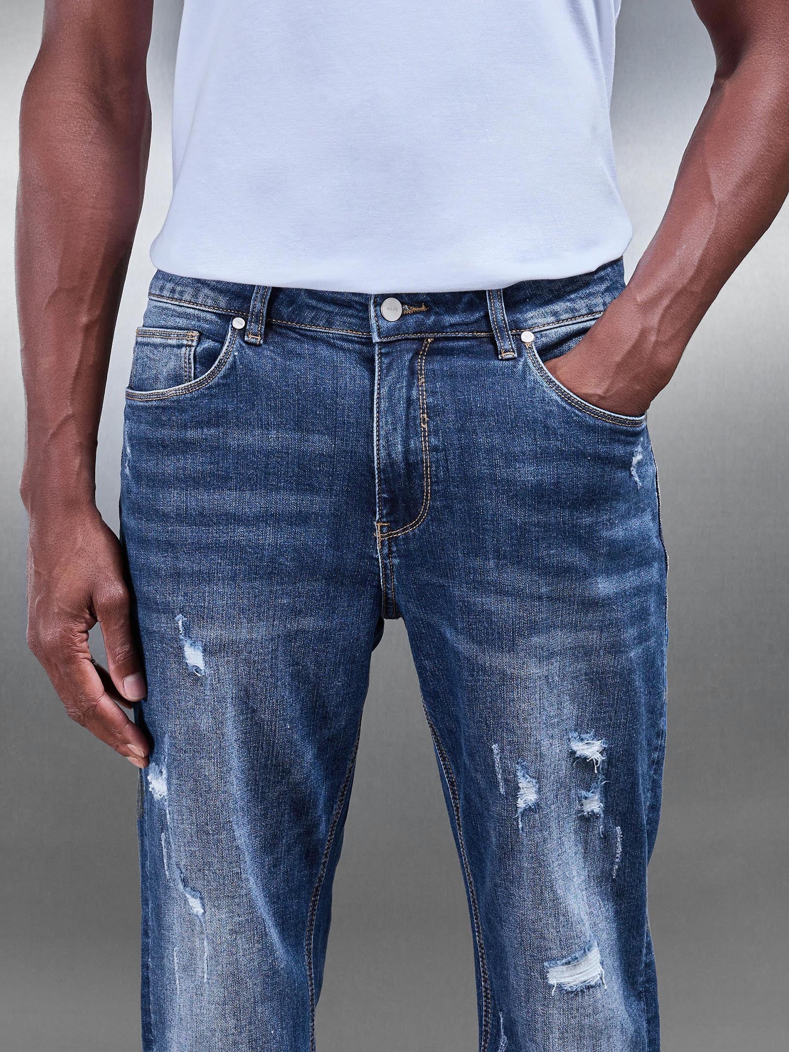 Distressed Straight Leg Denim Jeans in Mid Blue