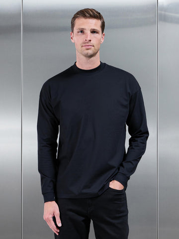 Essential Long Sleeve Relaxed Fit Stretch T-Shirt in Black
