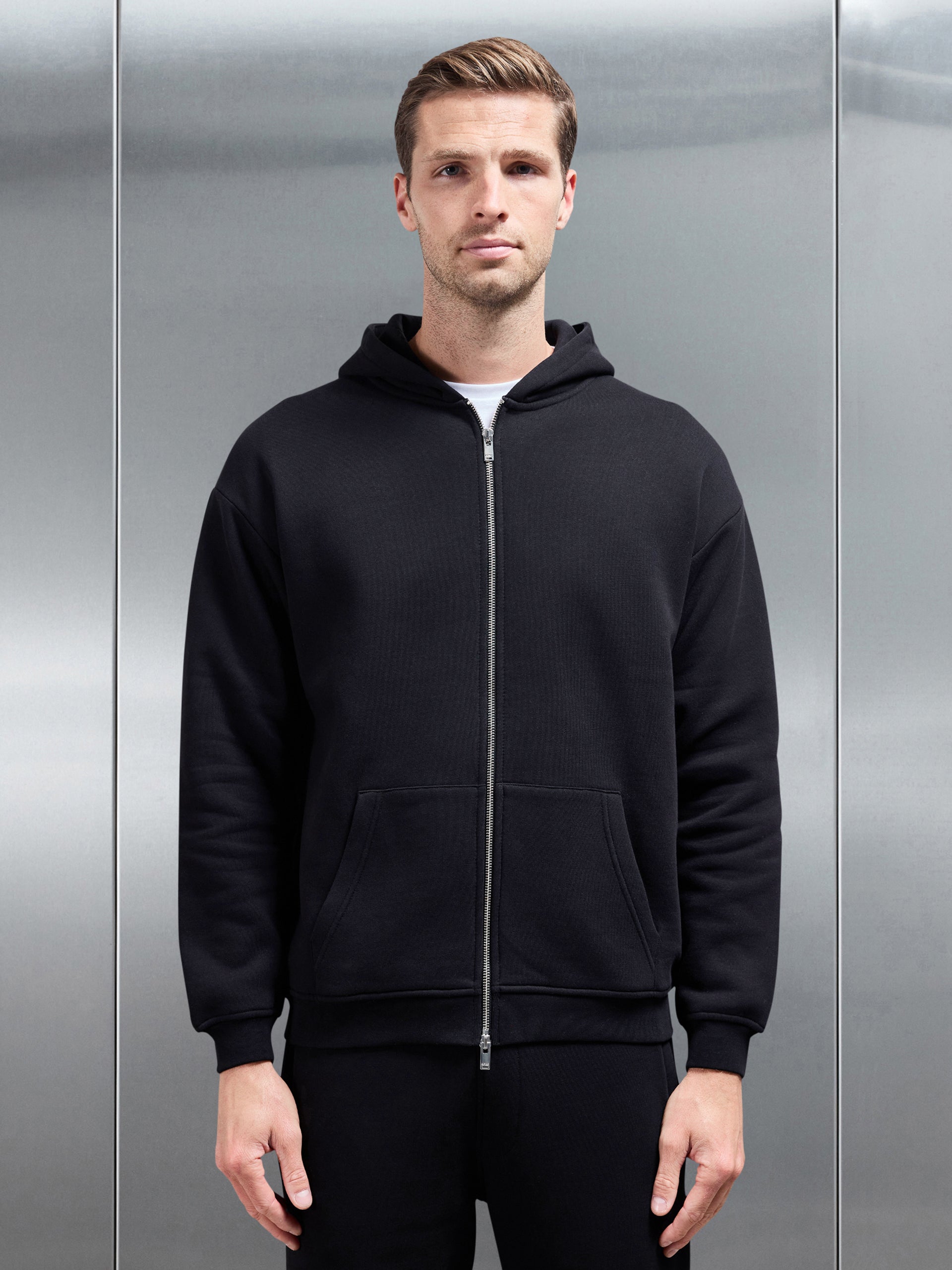 Essential Relaxed Fit Zip Through Hoodie in Black
