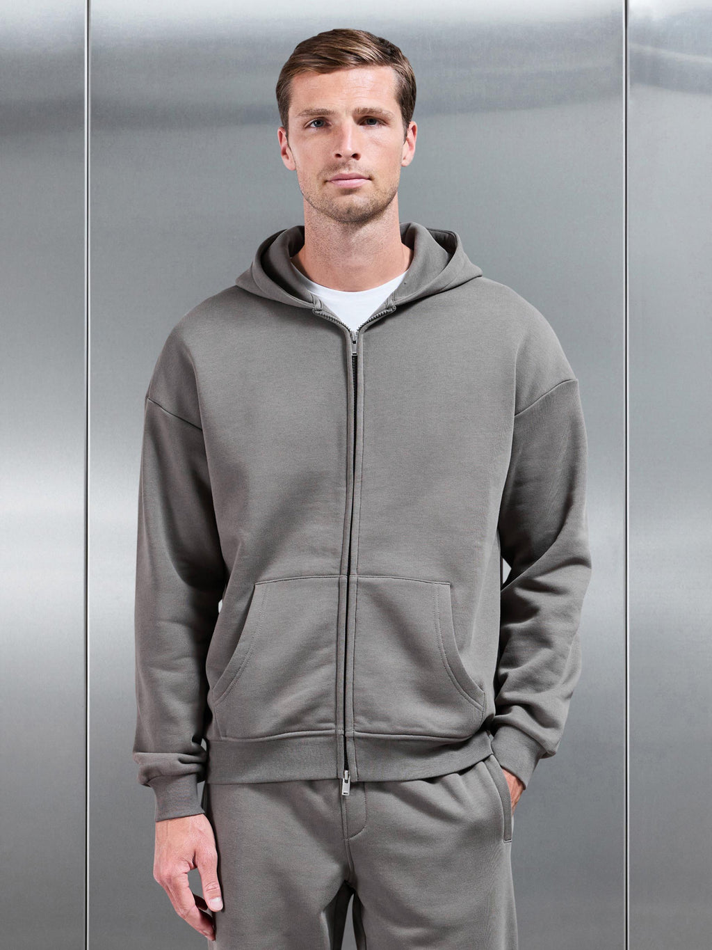 Essential Relaxed Fit Zip Through Hoodie in Grey