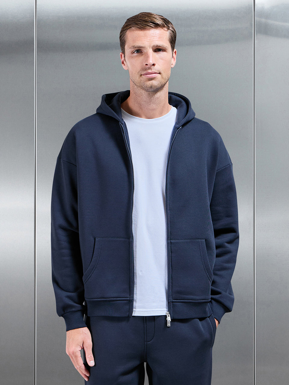 Essential Relaxed Fit Zip Through Hoodie in Navy