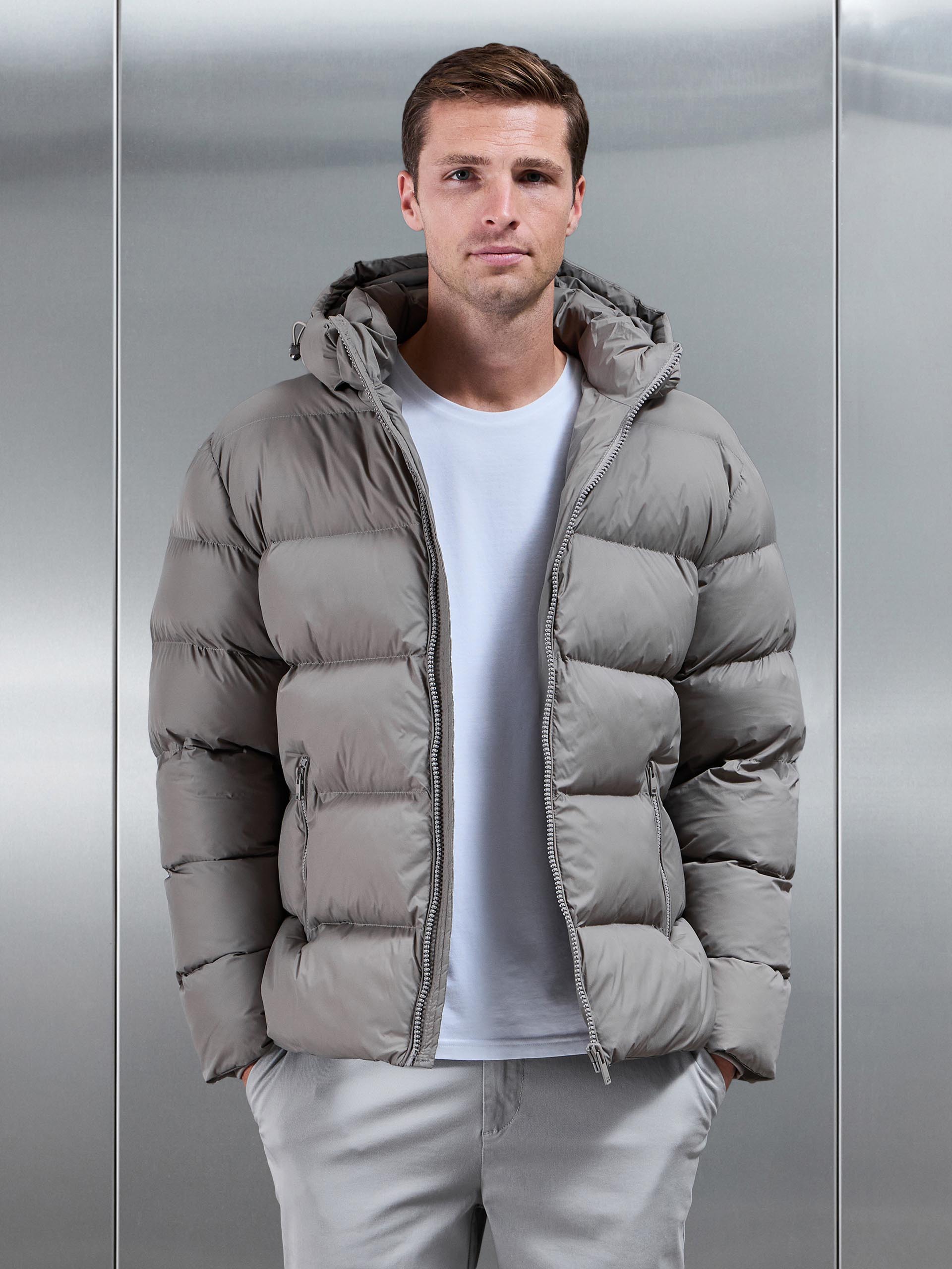 Essential Short Puffer Jacket in Taupe