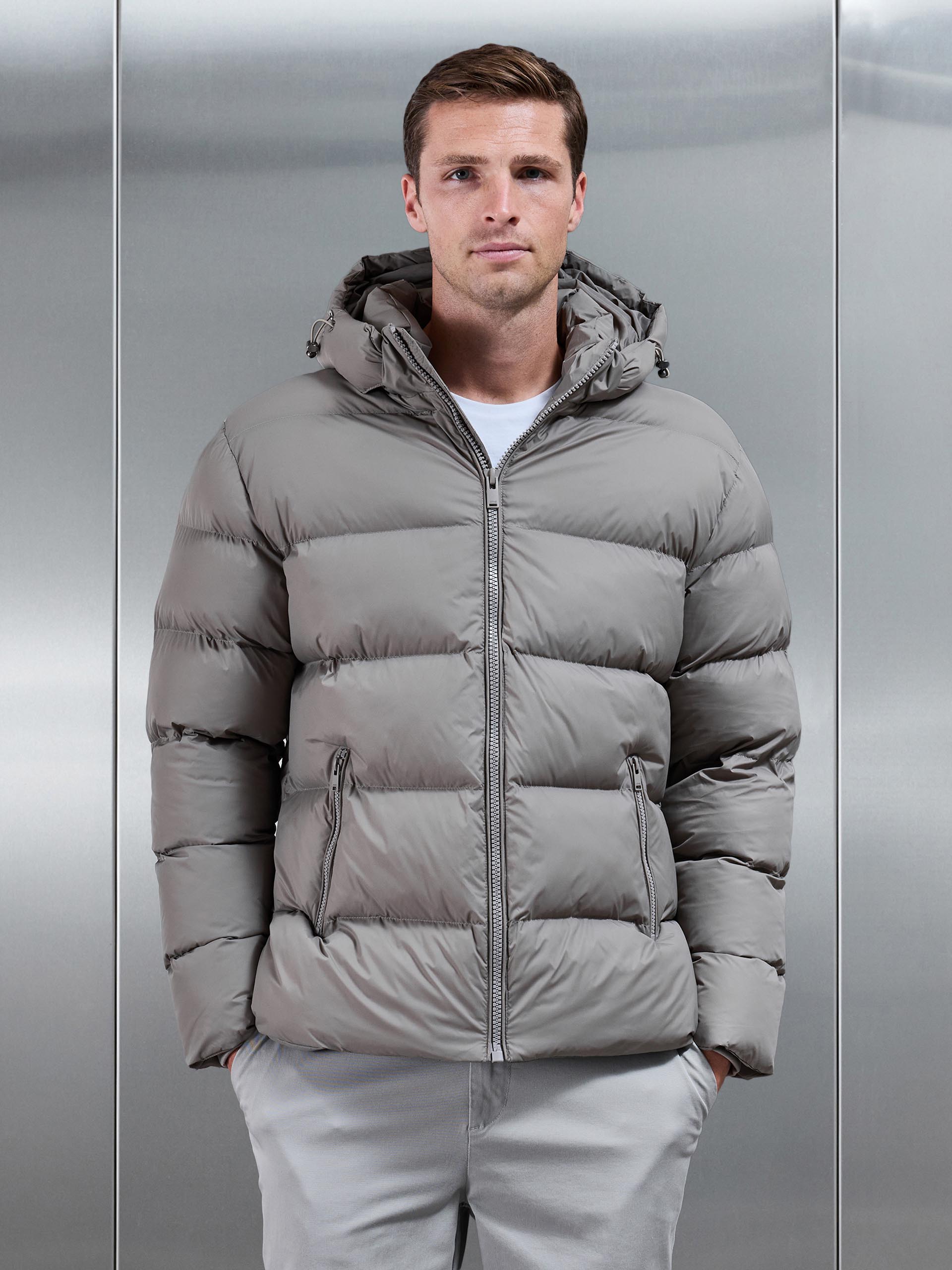 Essential Short Puffer Jacket in Taupe