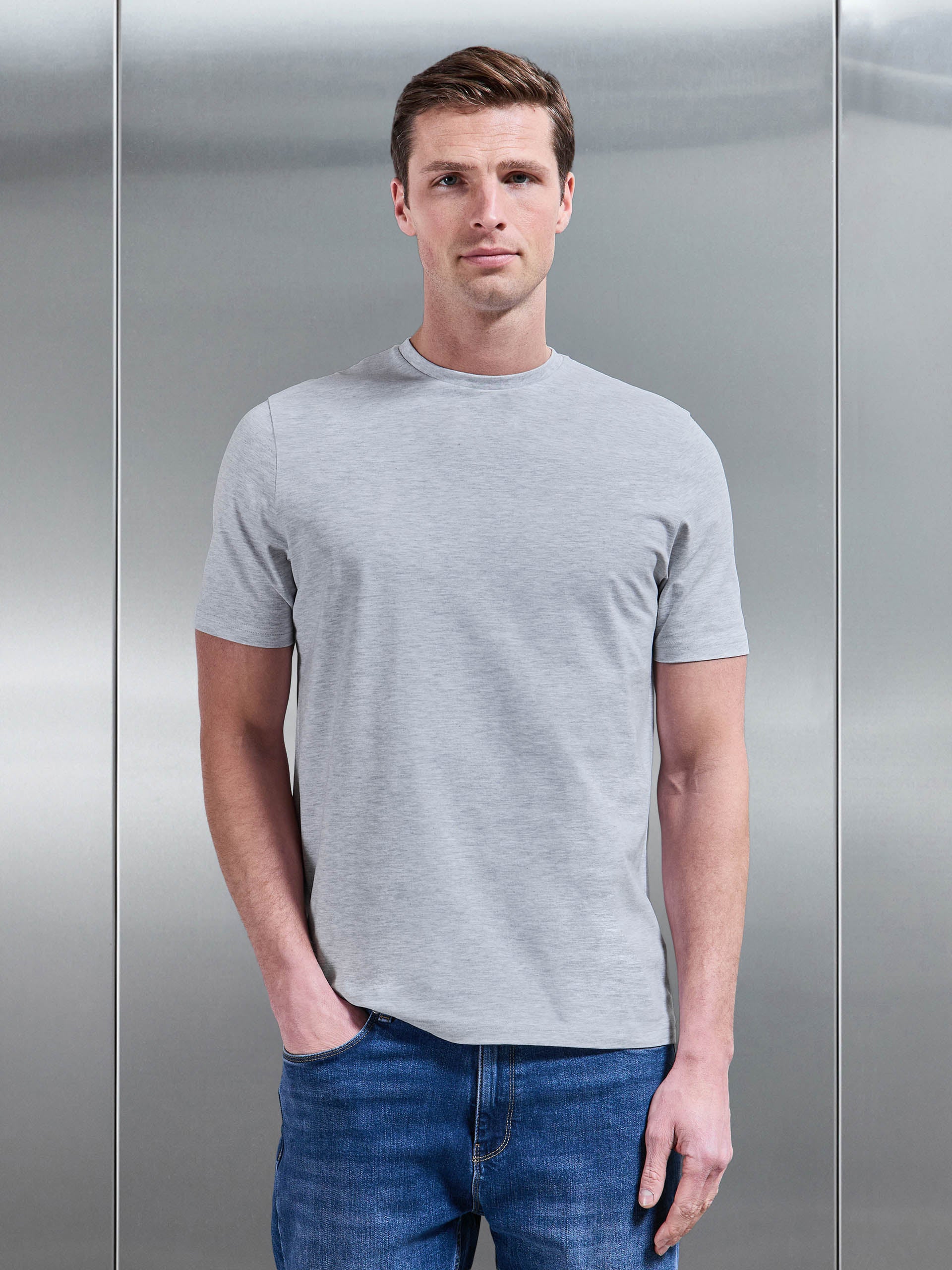Essential Slim Fit Cotton Stretch T-Shirt in Marl Grey