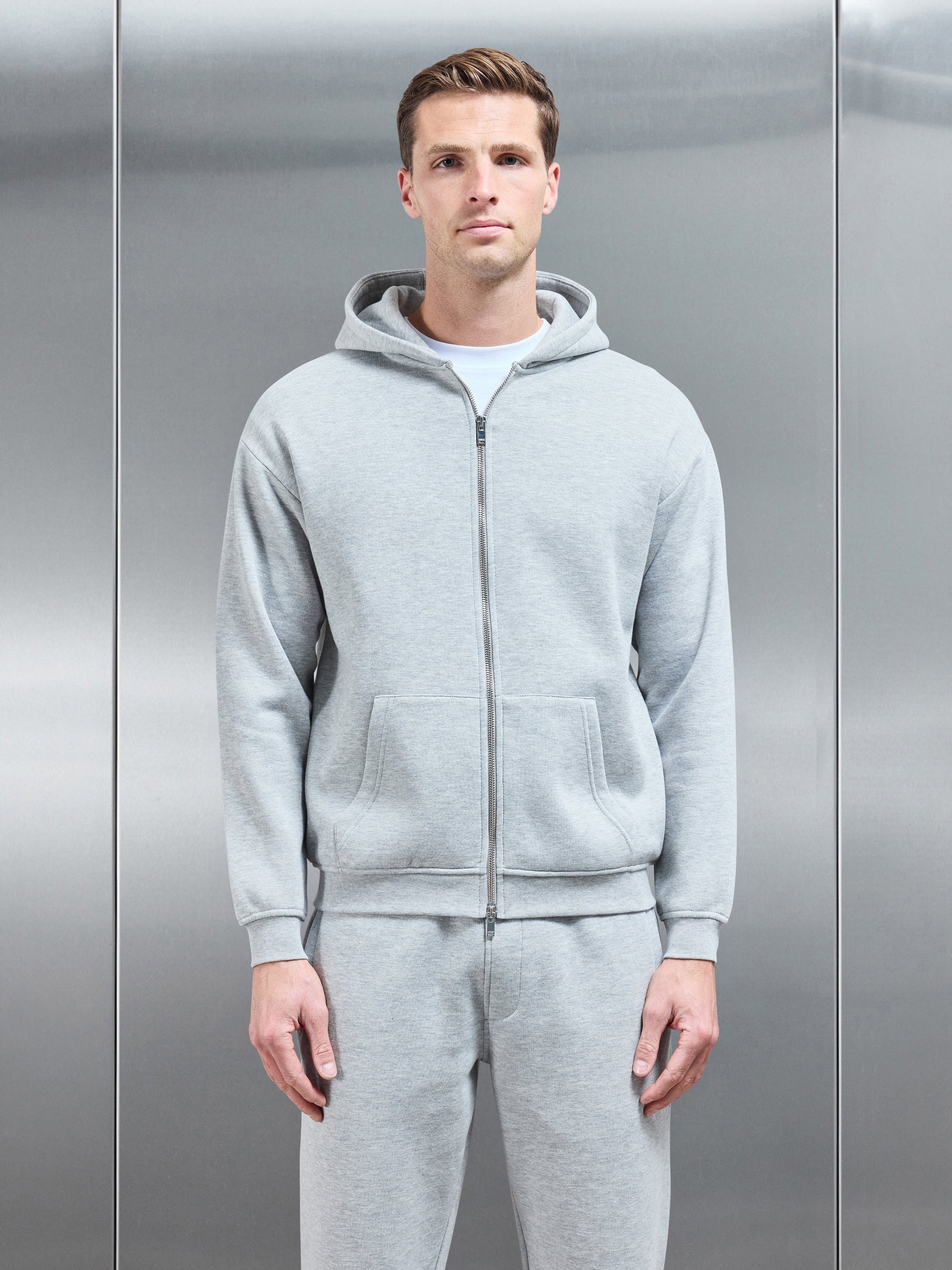 Essential Relaxed Fit Zip Through Hoodie in Marl Grey