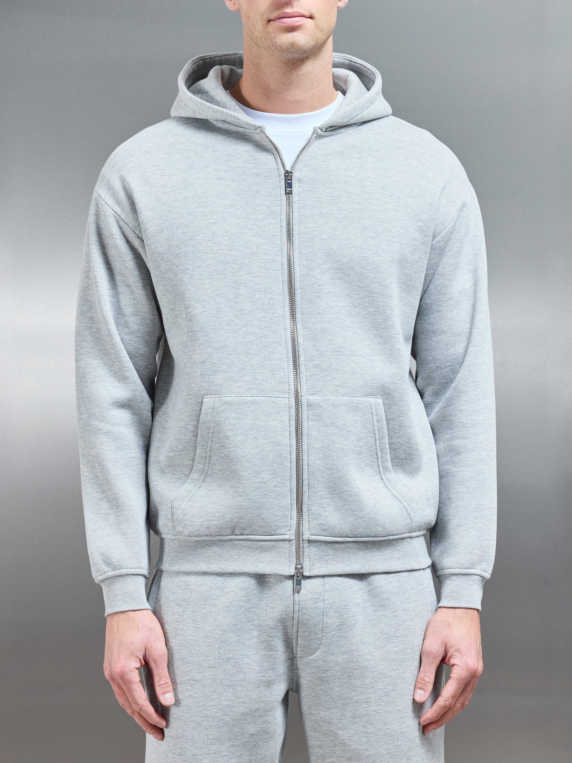 Essential Relaxed Fit Zip Through Hoodie in Marl Grey