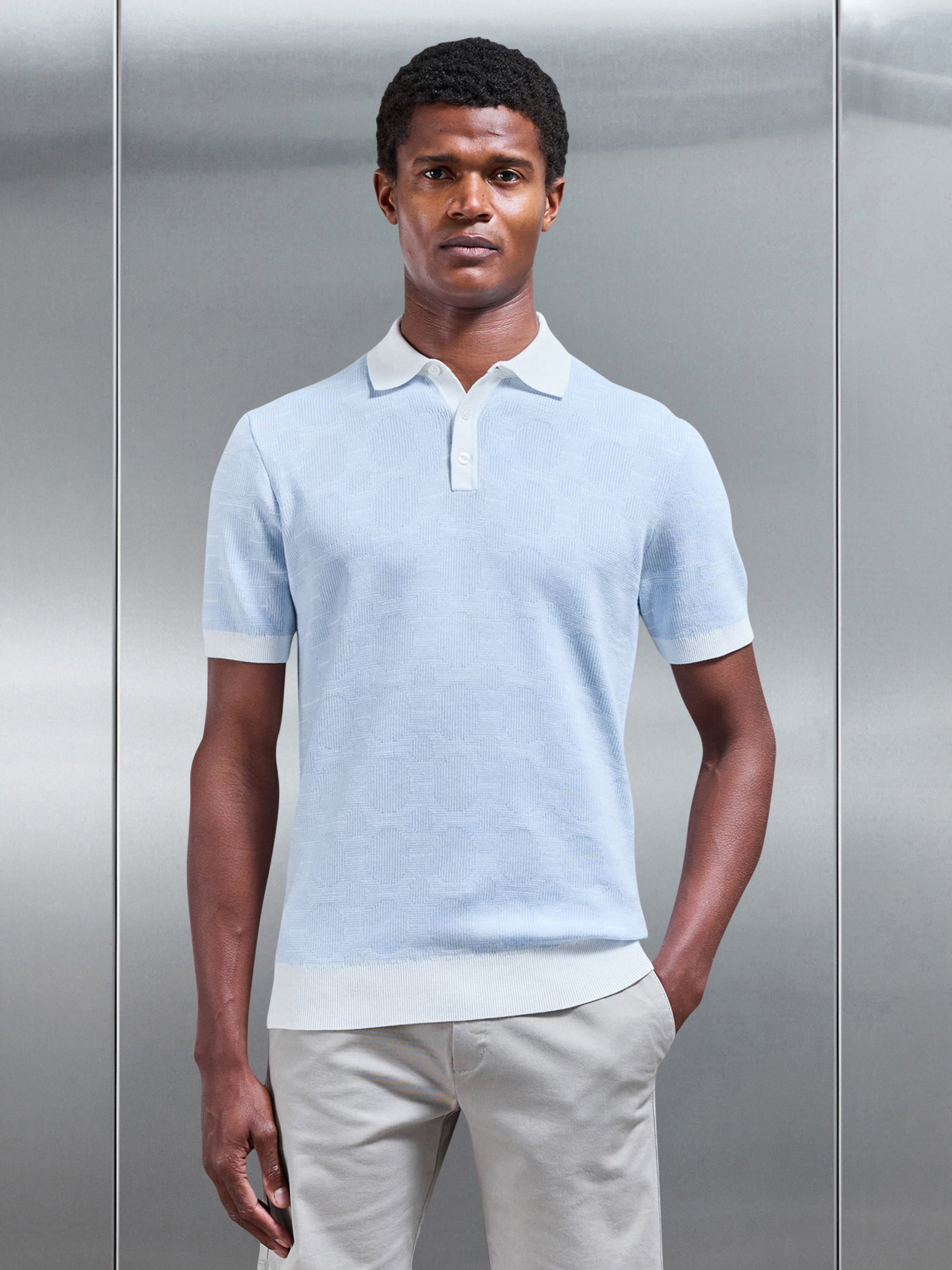 Este Knitted Button Polo Shirt in Light Blue