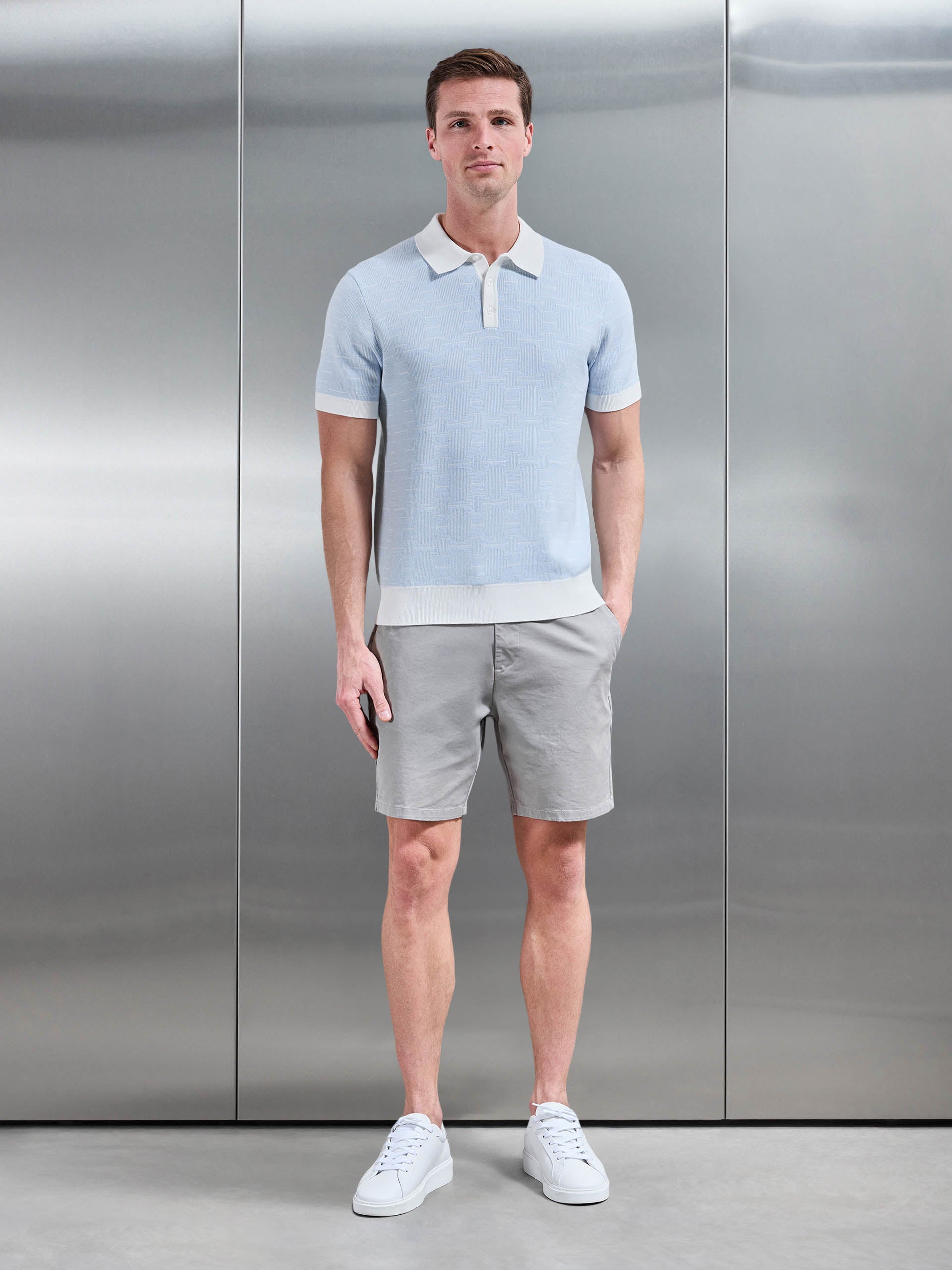 Este Knitted Button Polo Shirt in Light Blue