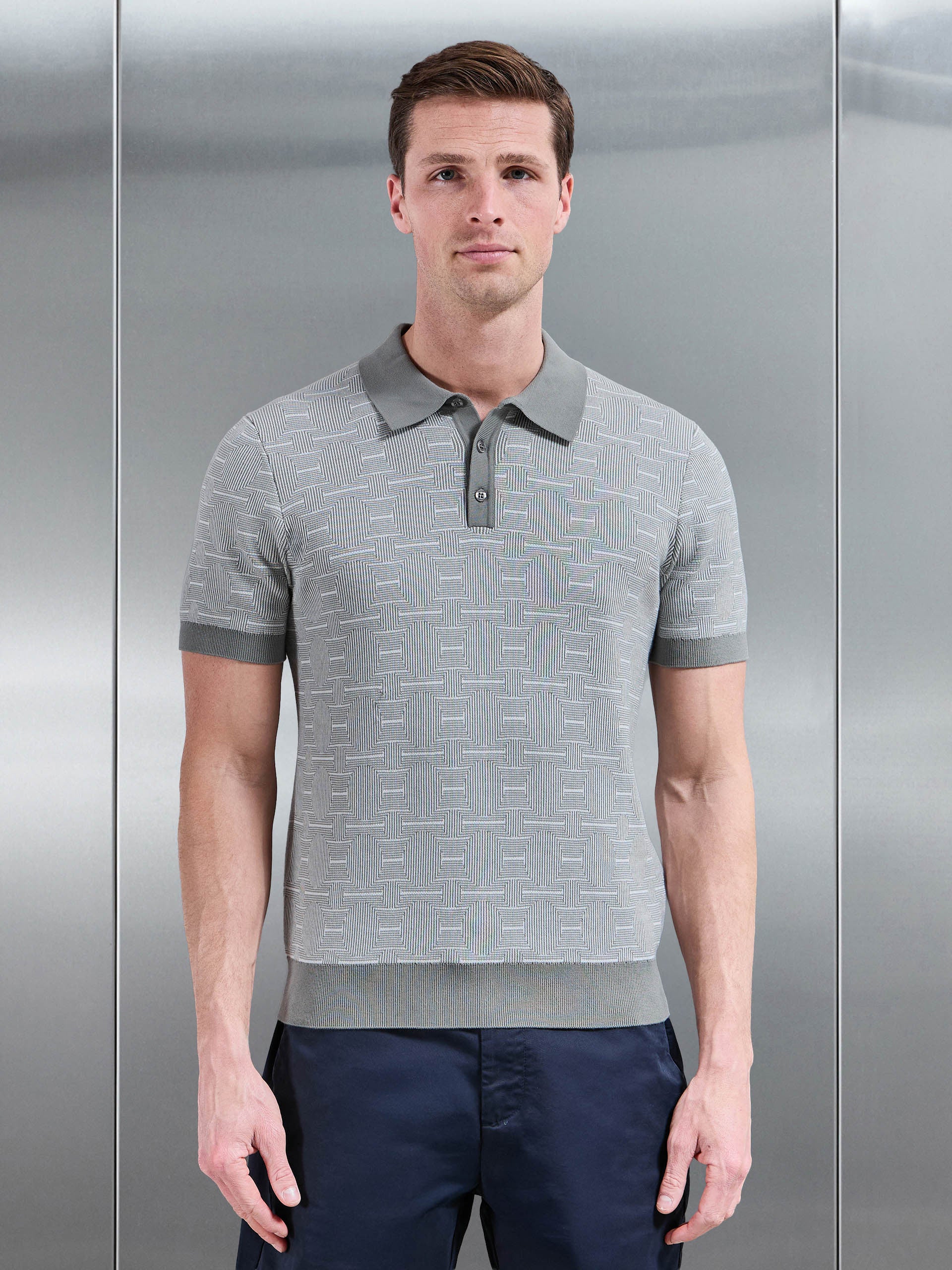 Este Knitted Button Polo Shirt in Sage