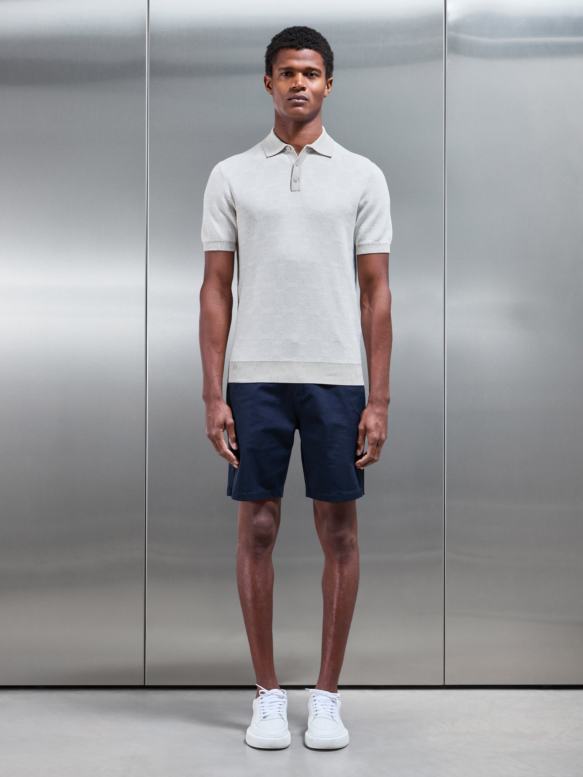 Este Knitted Button Polo Shirt in Stone