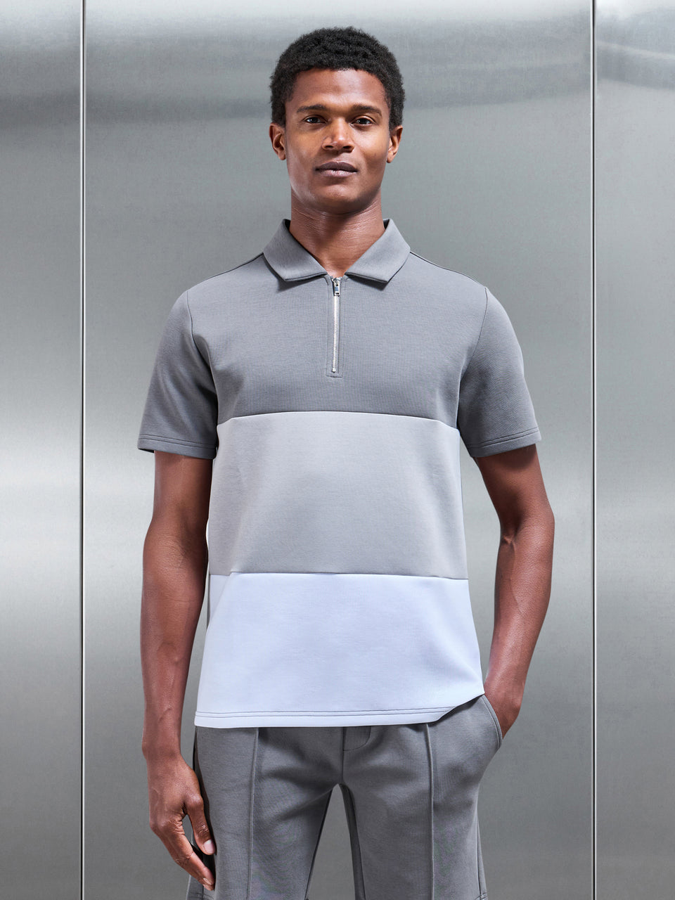 Everyday Luxe Colour Block Polo Shirt in Grey