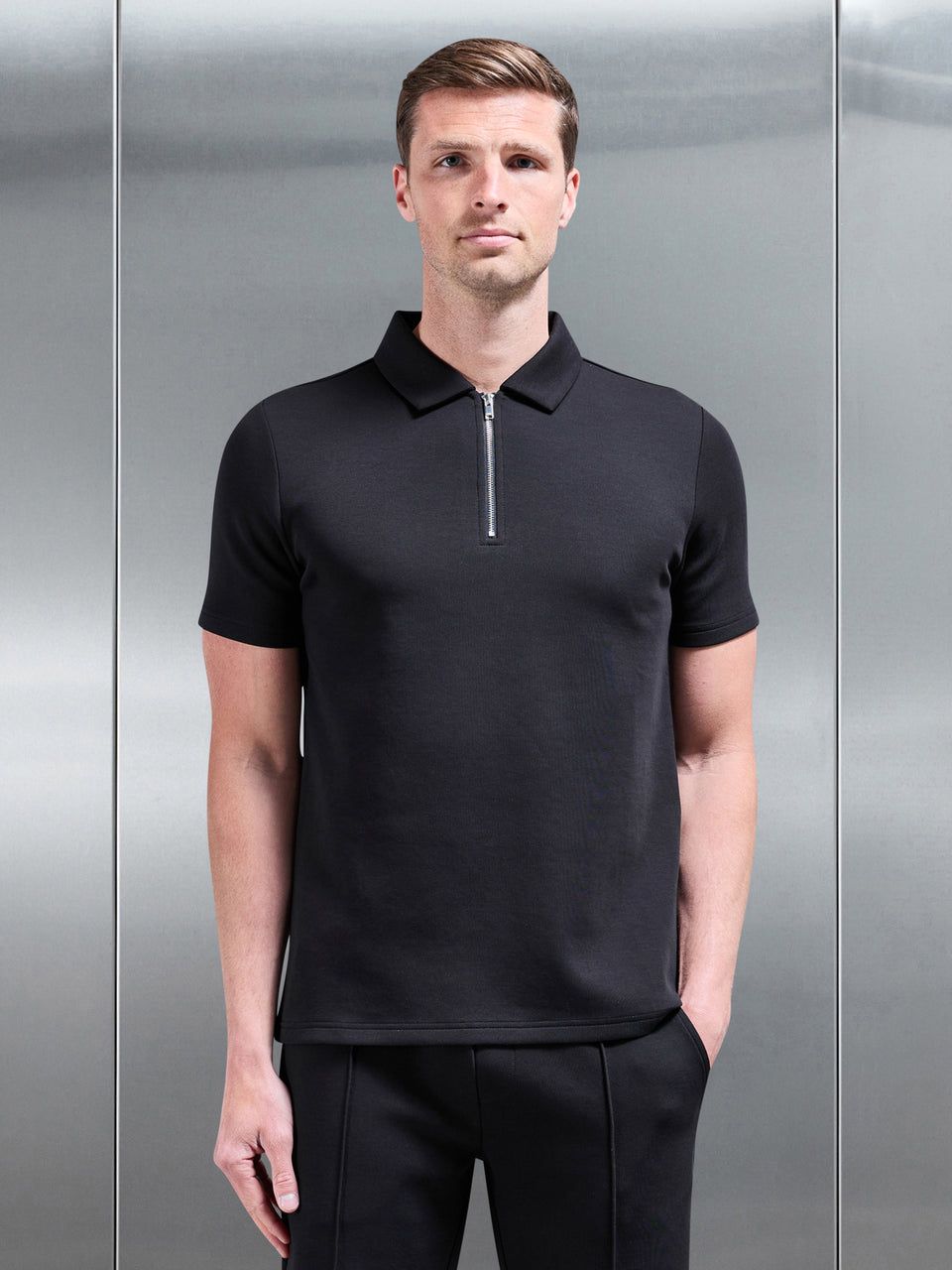 Everyday Luxe Zip Polo Shirt in Black