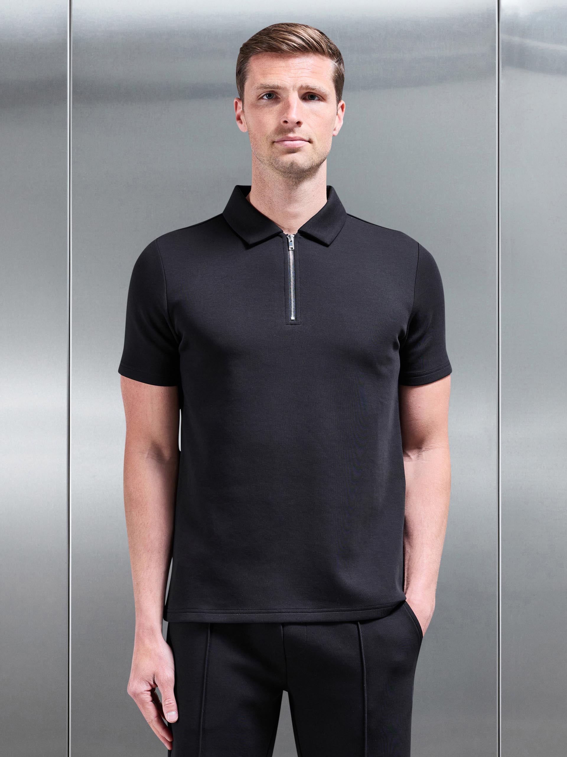Everyday Luxe Zip Polo Shirt in Black
