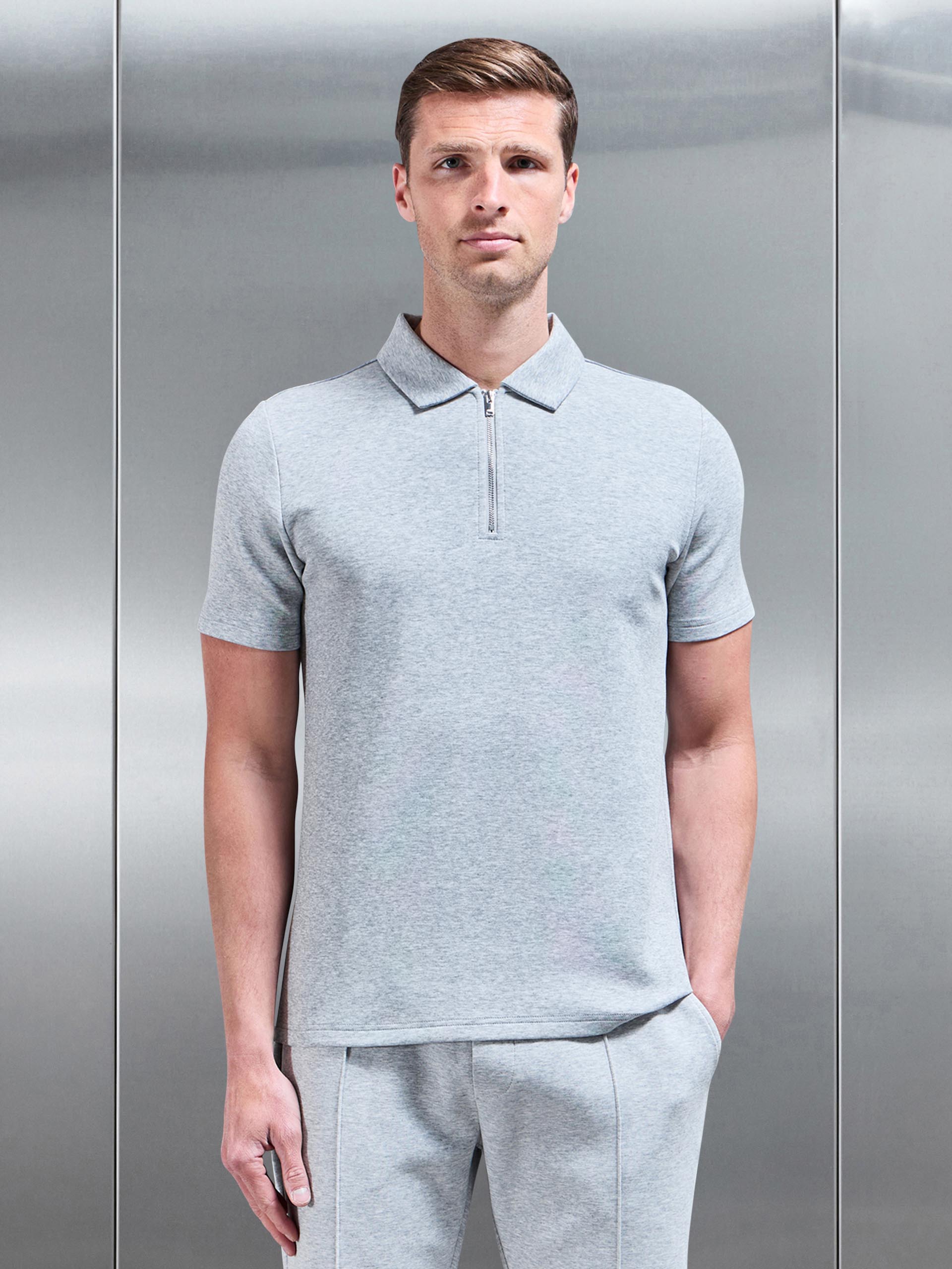 Everyday Luxe Zip Polo Shirt in Marl Grey