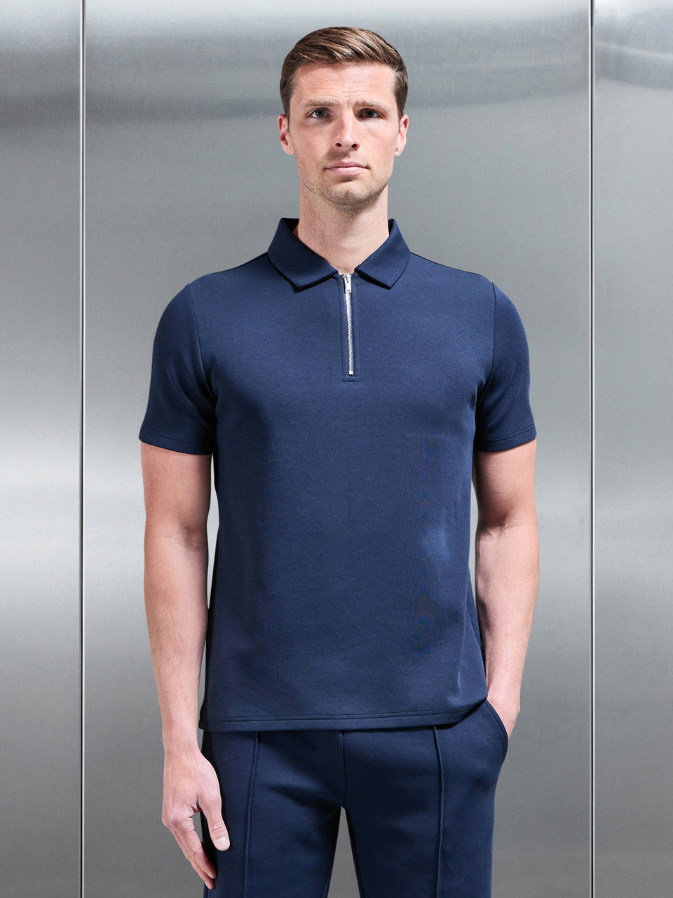 Everyday Luxe Zip Polo Shirt in Navy