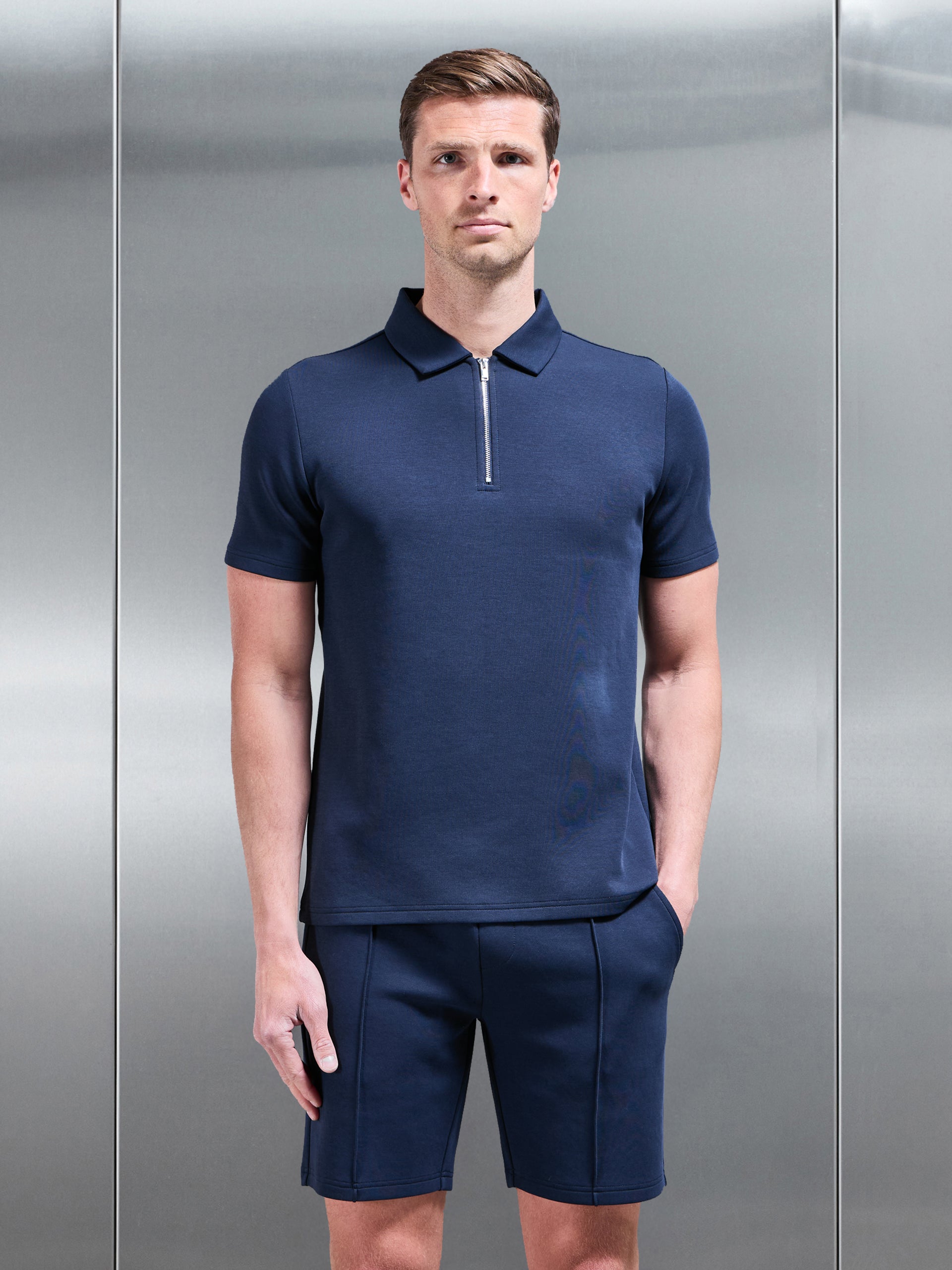 Everyday Luxe Zip Polo Shirt in Navy