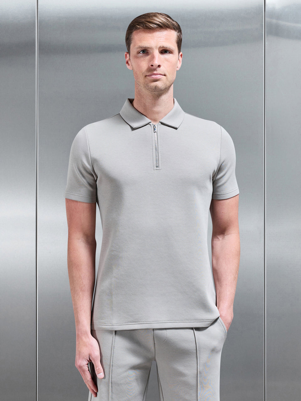 Everyday Luxe Zip Polo Shirt in Stone