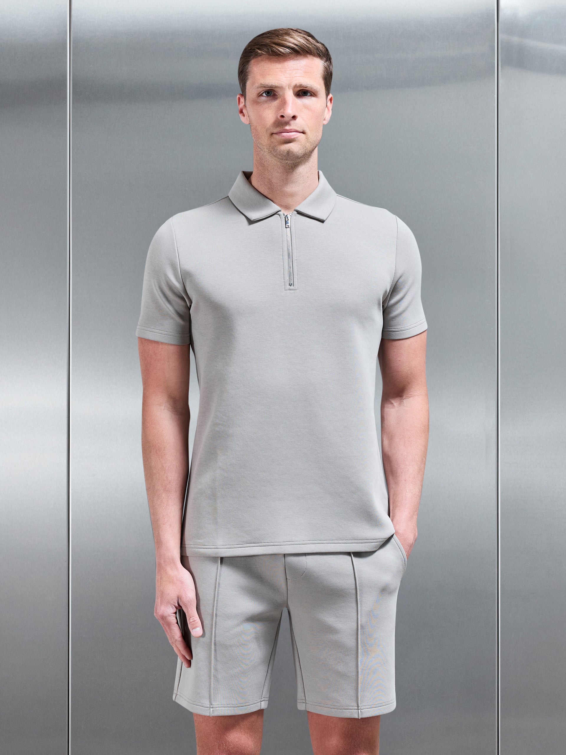 Everyday Luxe Zip Polo Shirt in Stone