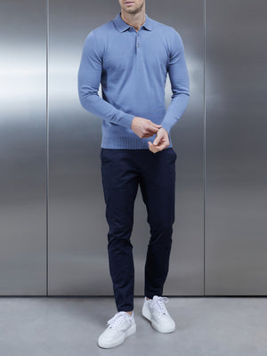 Egyptian Cotton Knitted Long Sleeve Polo in Silk Blue