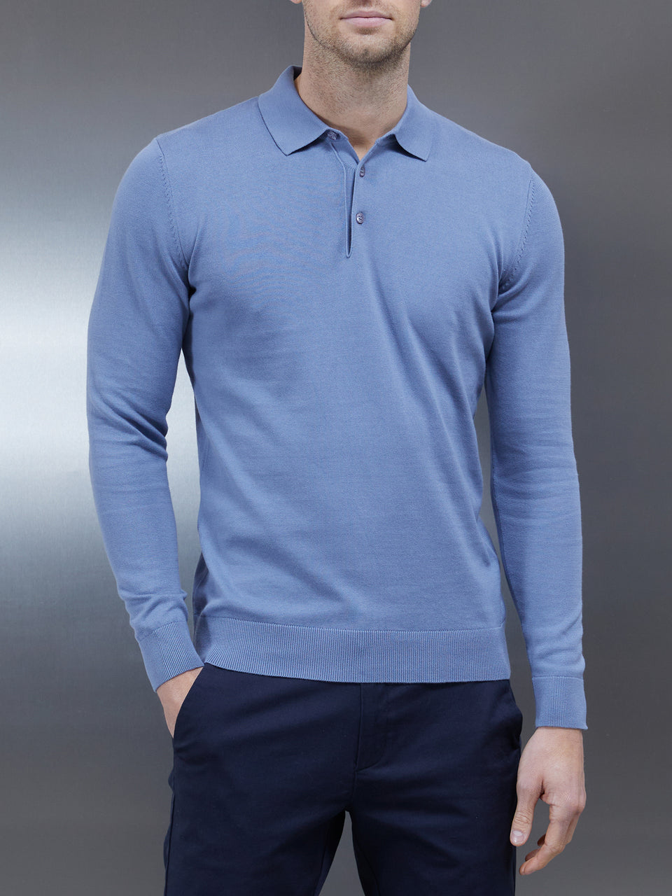 Egyptian Cotton Knitted Long Sleeve Polo in Silk Blue