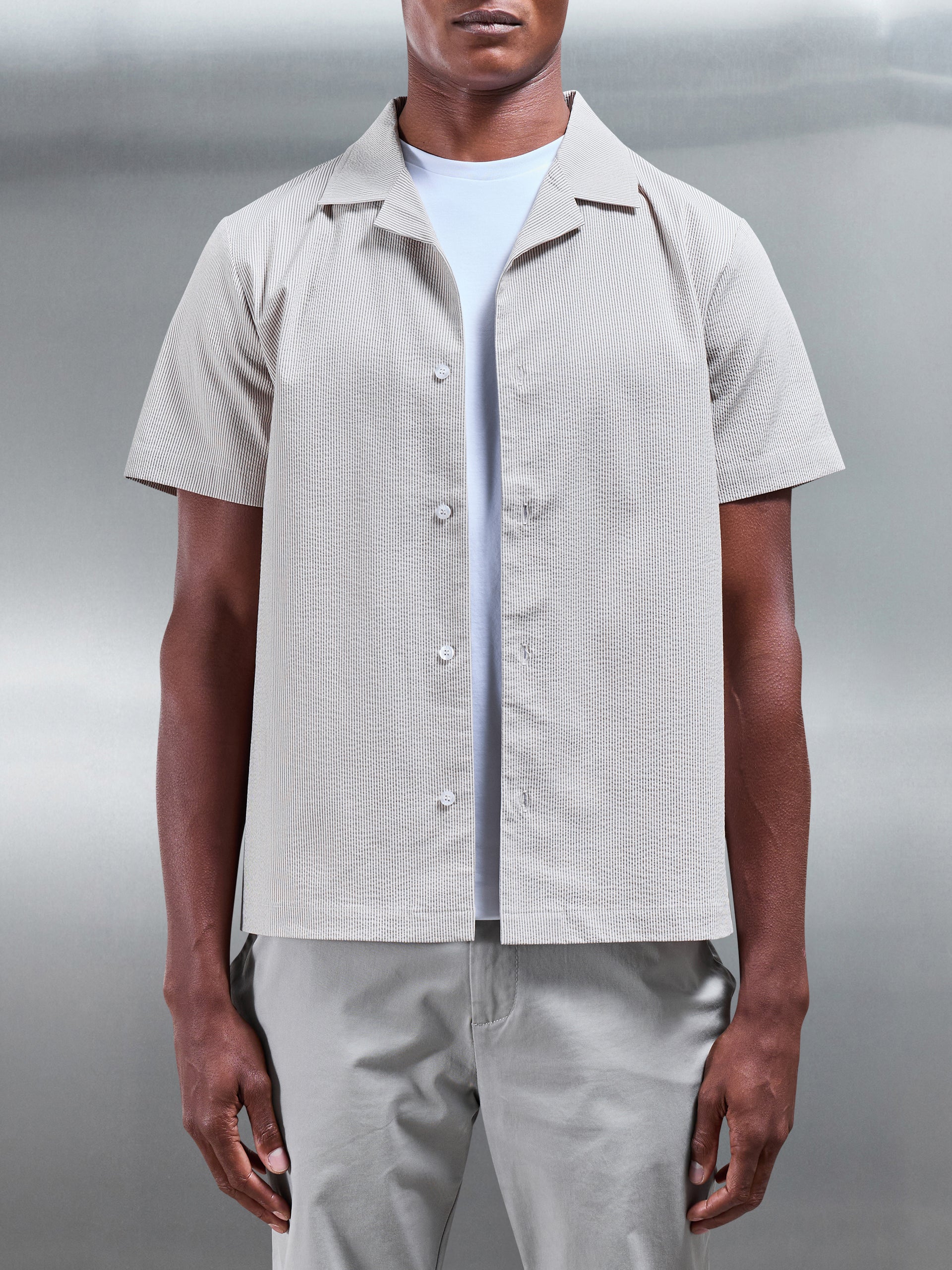 Fine Stripe Short Sleeve Revere Collar Shirt in Stone