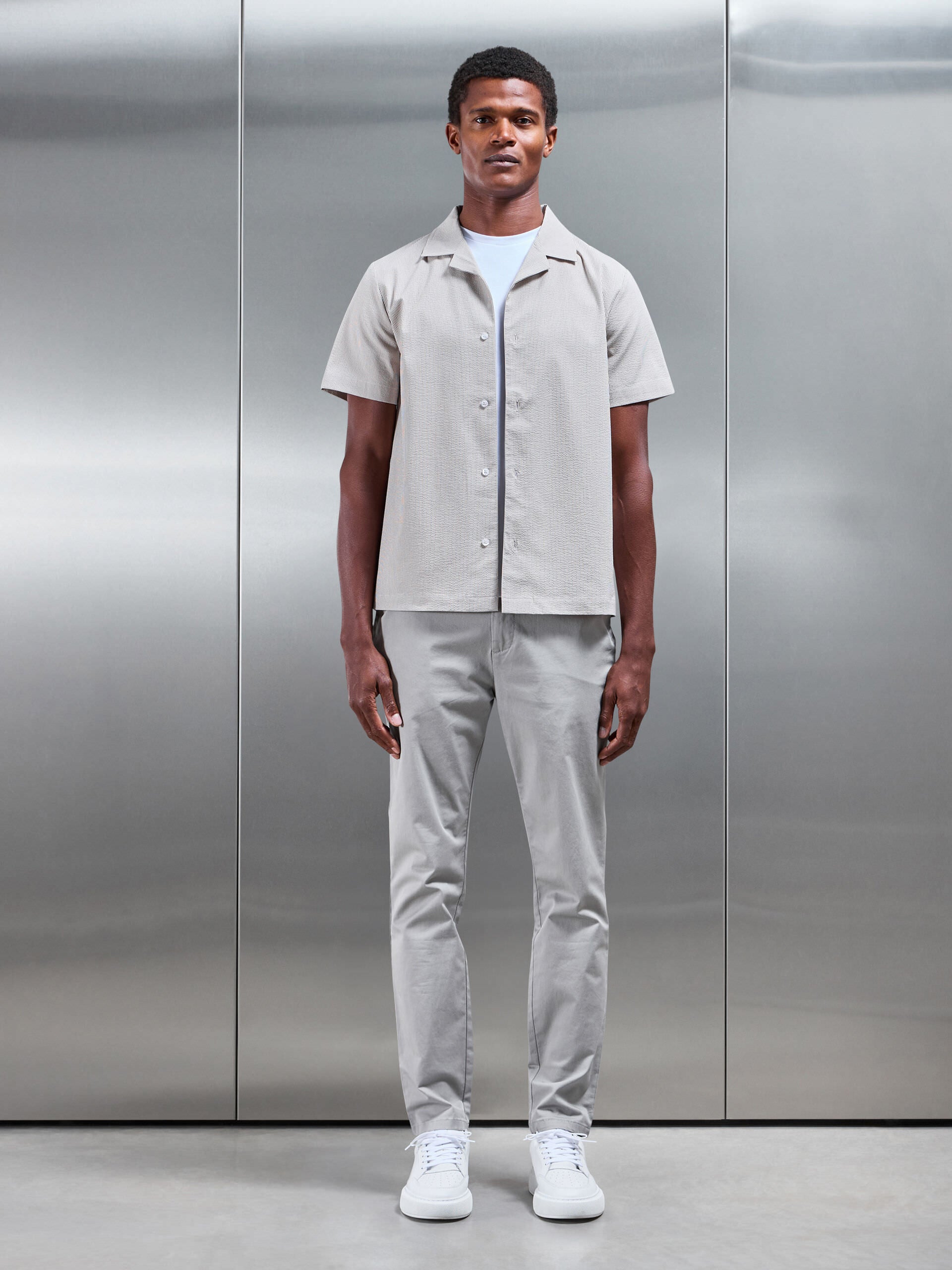 Fine Stripe Short Sleeve Revere Collar Shirt in Stone