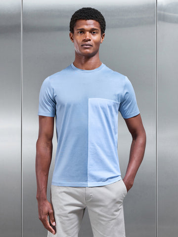 Fine Stripe Mercerised Cotton Colour Block T-Shirt in Light Blue
