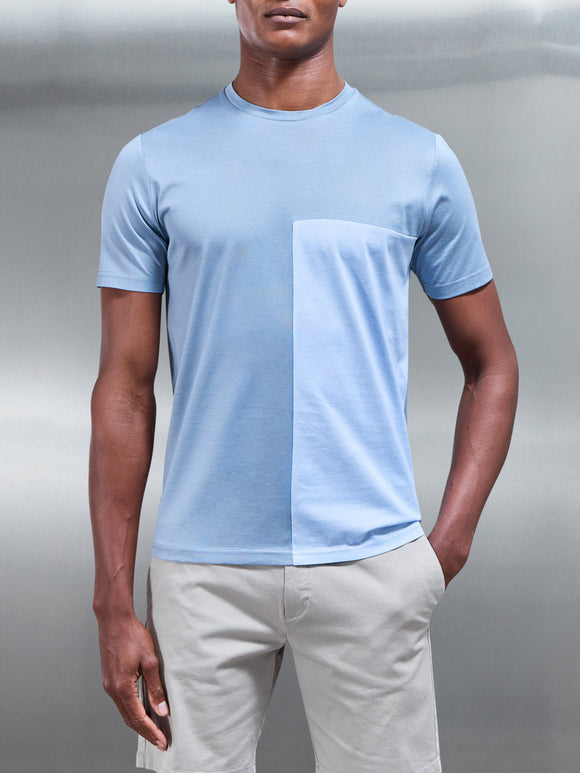 Fine Stripe Mercerised Cotton Colour Block T-Shirt in Light Blue