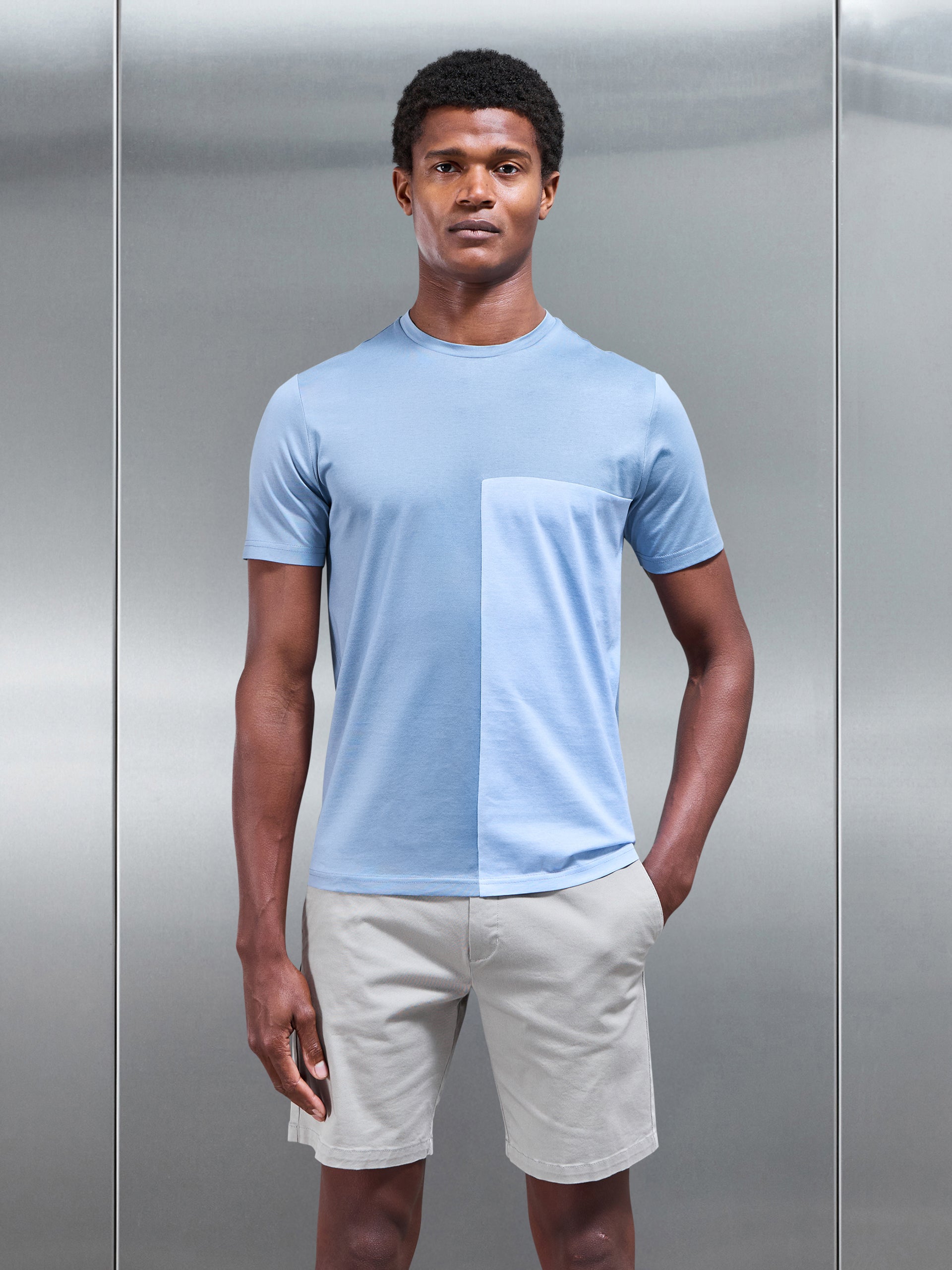 Fine Stripe Mercerised Cotton Colour Block T-Shirt in Light Blue