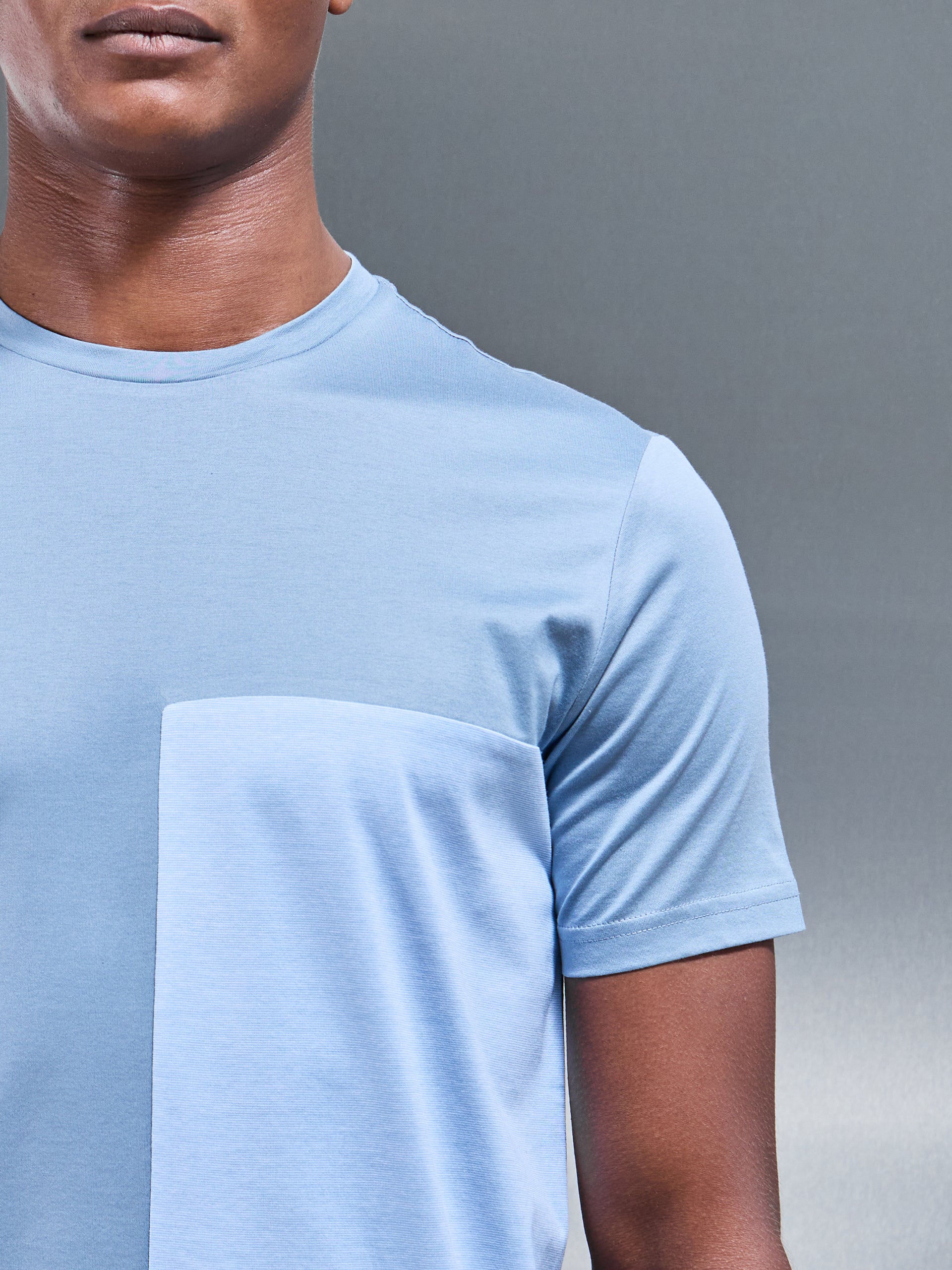 Fine Stripe Mercerised Cotton Colour Block T-Shirt in Light Blue